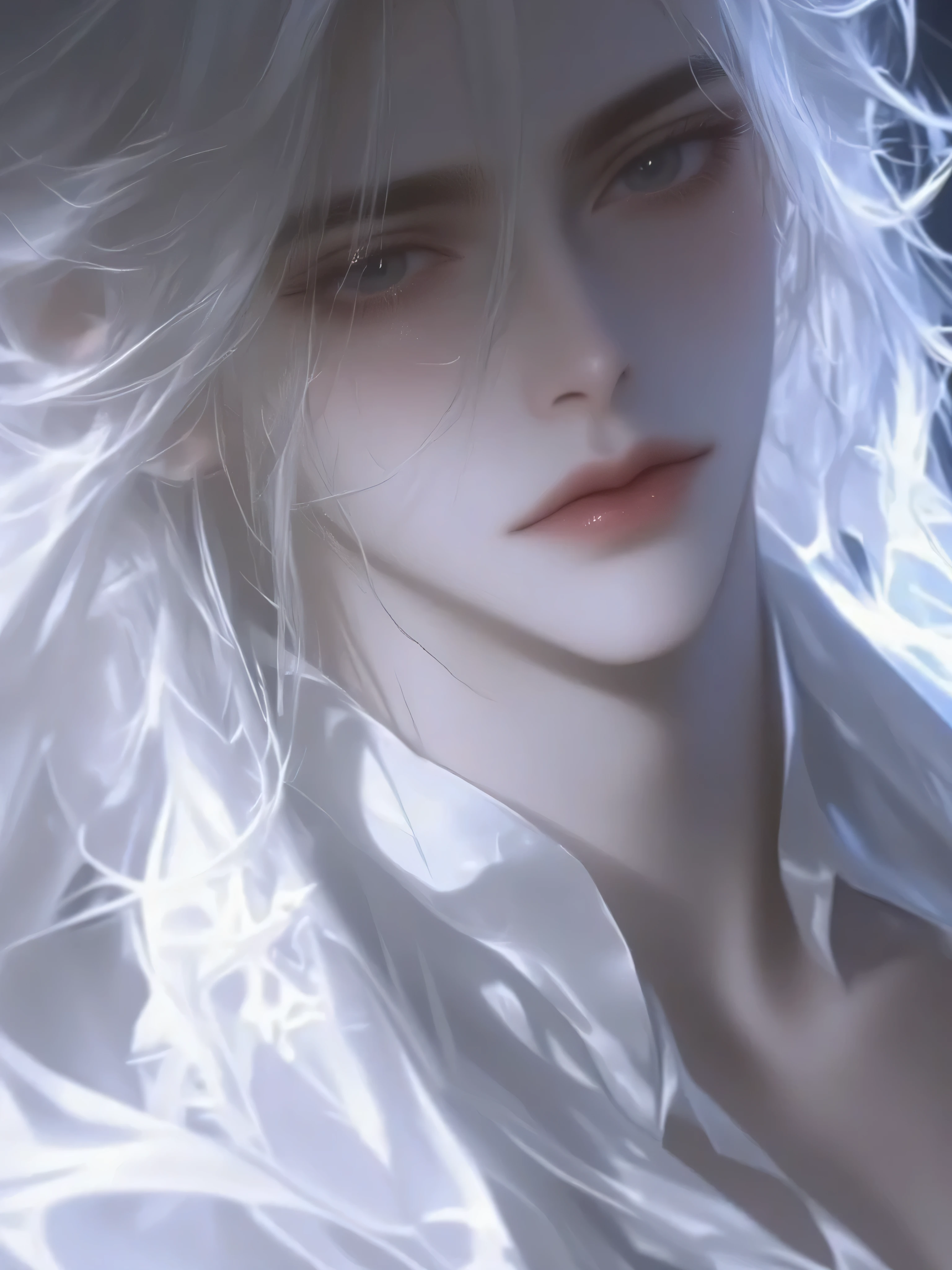 a handsome man with long hair antique black hair,a handsome man with long hair, an ancient brunette in a fairy-looking white Hanfu, traditional Chinese clothing , Double eyelids,Japanese Manga Style,The throat is obvious