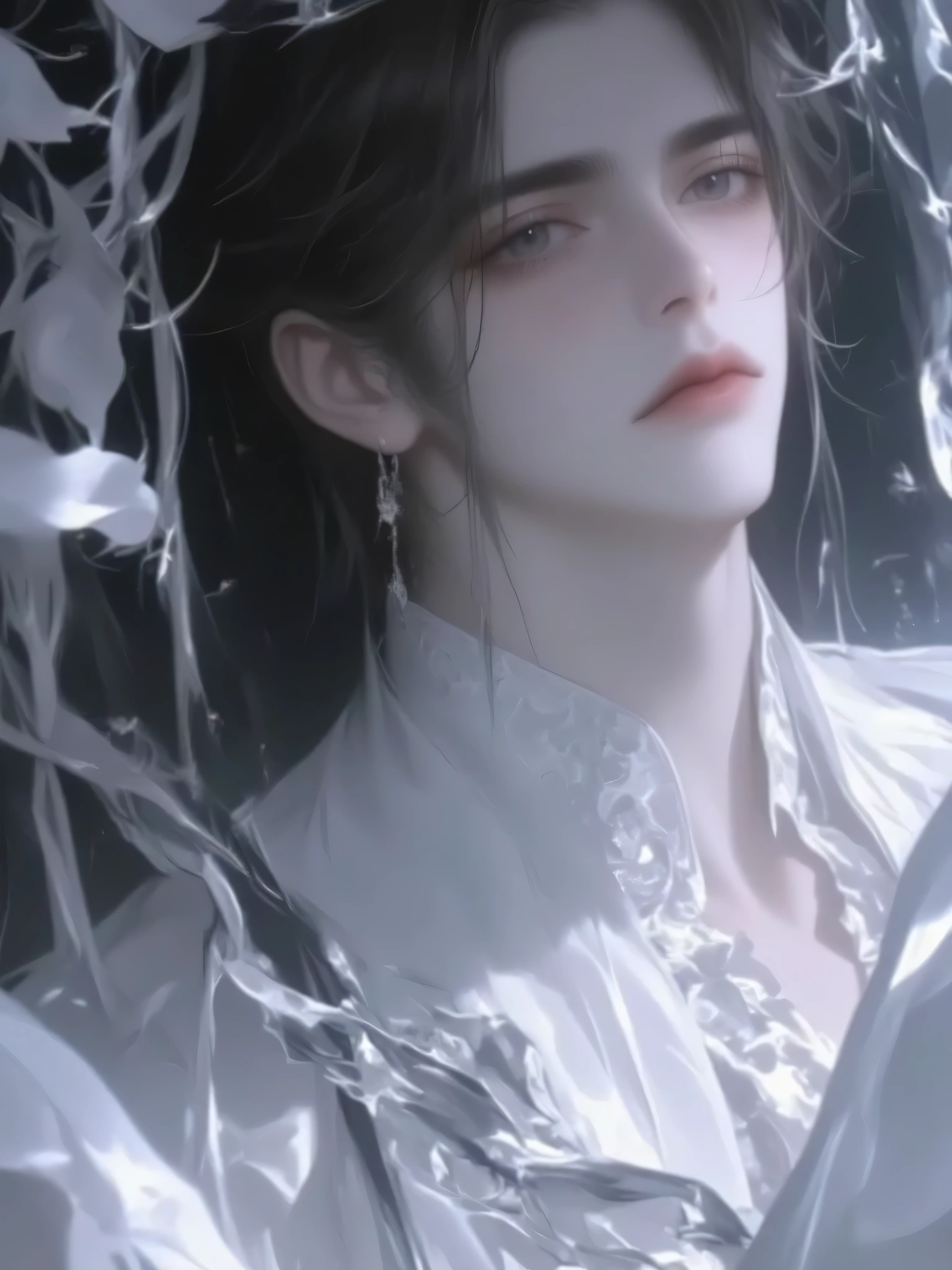 a handsome man with long hair antique black hair，a handsome man with long hair, an ancient brunette in a fairy-looking white Hanfu， traditional Chinese clothing ， Double eyelids，Japanese Manga Style，The throat is obvious