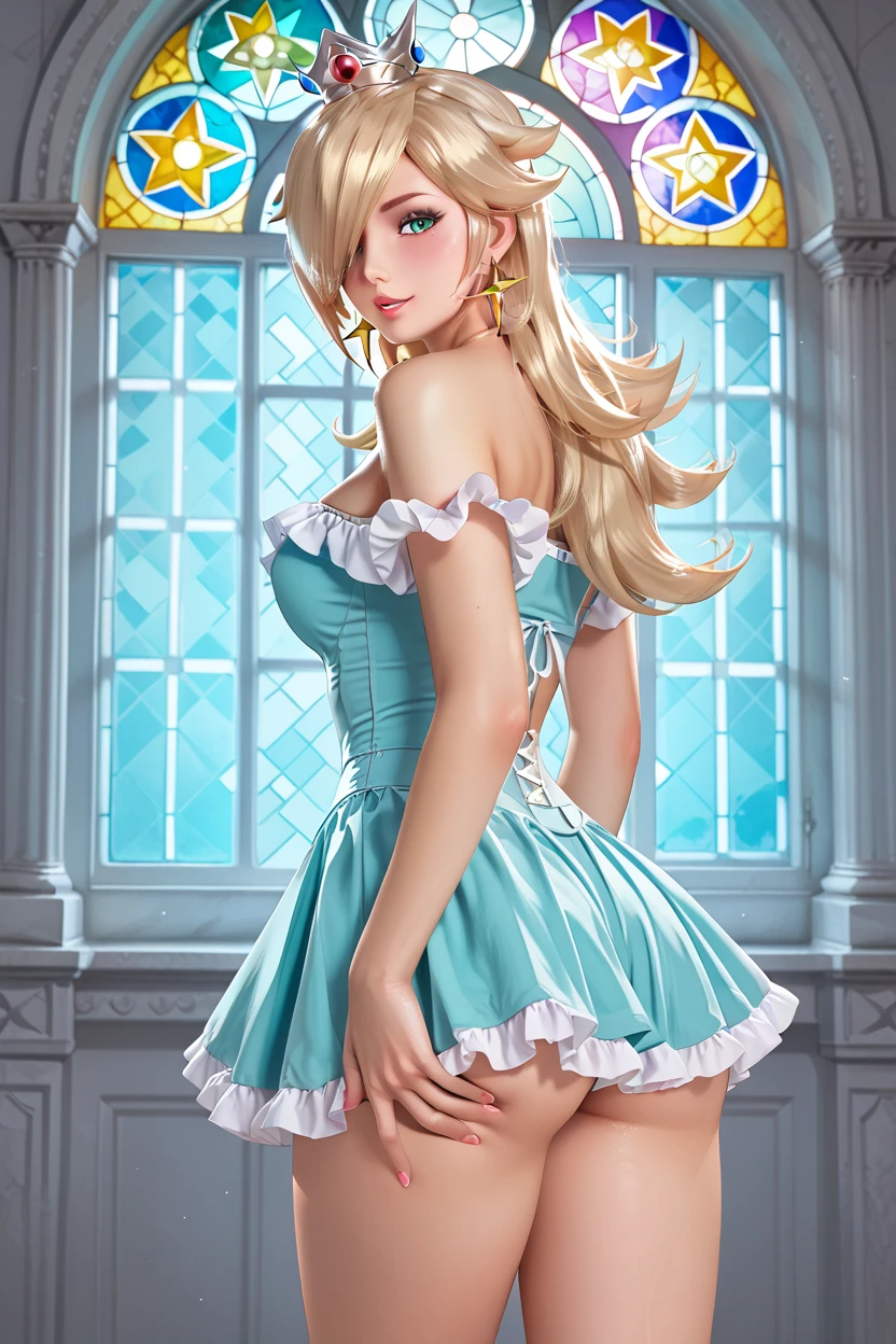 Princess Peach, blue eyes, stunning proportions, white background, long hair, extremely detailed, full body shot, pink thighhighs, sweating, wet, blush, in love with viewer, ((cum)), white panties pushed aside, (happy, frills, pink dress), ass, dripping , spread legs, small breasts, vagina, gentle, soft