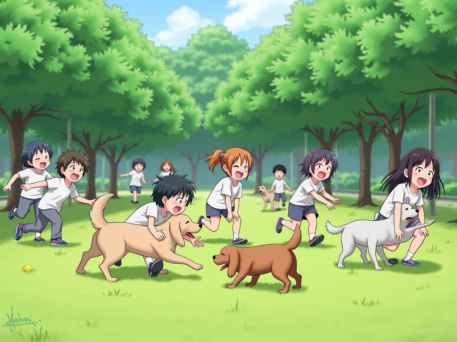 A realistic photograph-style image: A group of Japanese ren are joyfully playing with several friendly dogs in a public park. The ren are laughing, running, and tossing  for the dogs to fetch. Some are crouching down to hug or gently pet the dogs. The park is filled with lush green grass, scattered trees, and a clear blue sky. Natural sunlight casts soft, realistic shadows across the scene. The atmosphere is full of warmth, innocence, and the beautiful bond between ren and animals.
