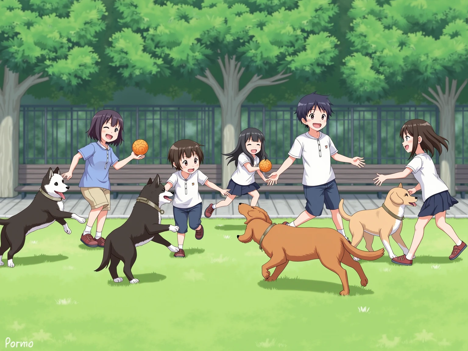 A realistic photograph-style image: A group of Japanese ren are joyfully playing with several friendly dogs in a public park. The ren are laughing, running, and tossing  for the dogs to fetch. Some are crouching down to hug or gently pet the dogs. The park is filled with lush green grass, scattered trees, and a clear blue sky. Natural sunlight casts soft, realistic shadows across the scene. The atmosphere is full of warmth, innocence, and the beautiful bond between ren and animals.