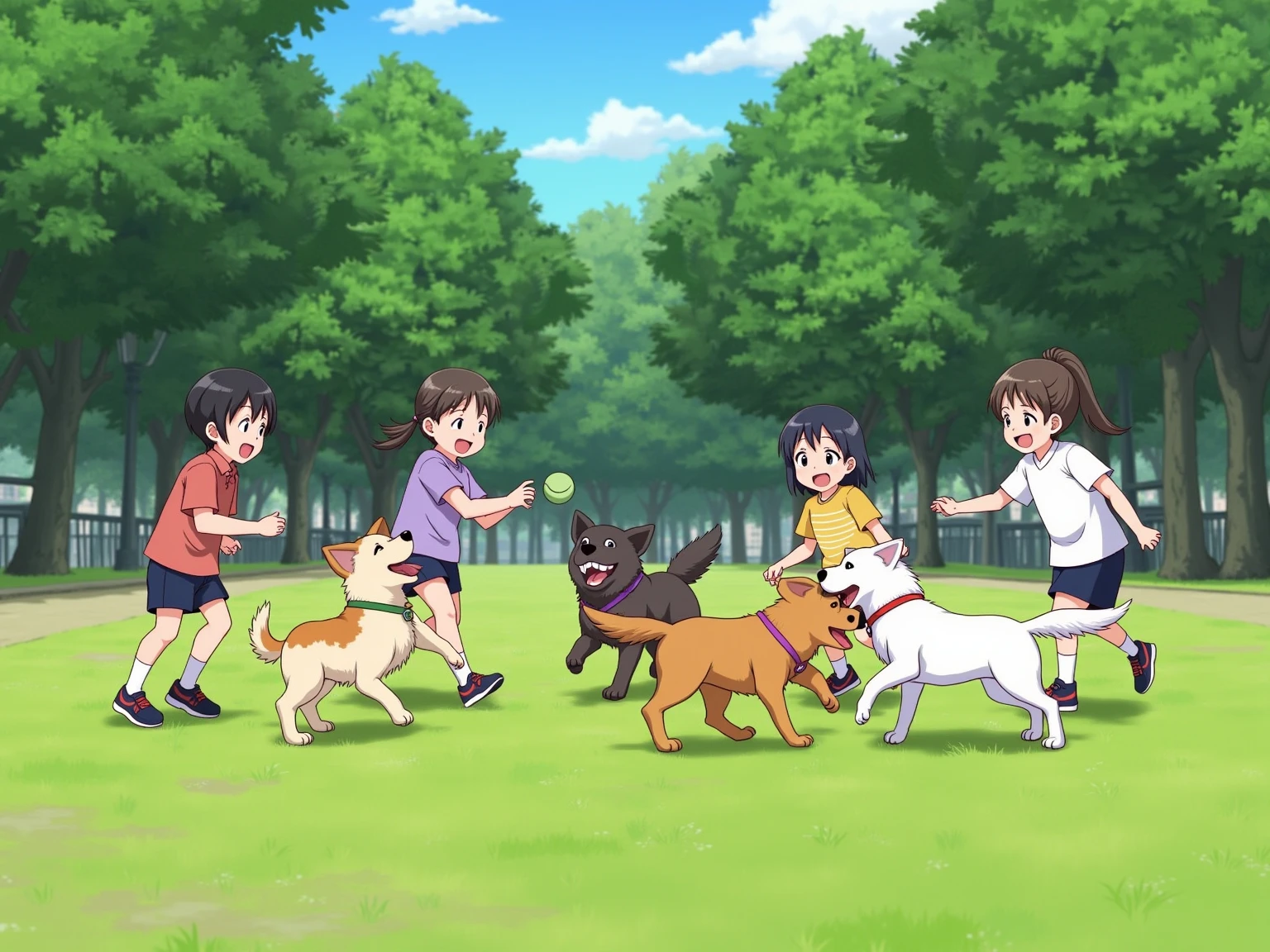 A realistic photograph-style image: A group of Japanese ren are joyfully playing with several friendly dogs in a public park. The ren are laughing, running, and tossing  for the dogs to fetch. Some are crouching down to hug or gently pet the dogs. The park is filled with lush green grass, scattered trees, and a clear blue sky. Natural sunlight casts soft, realistic shadows across the scene. The atmosphere is full of warmth, innocence, and the beautiful bond between ren and animals.