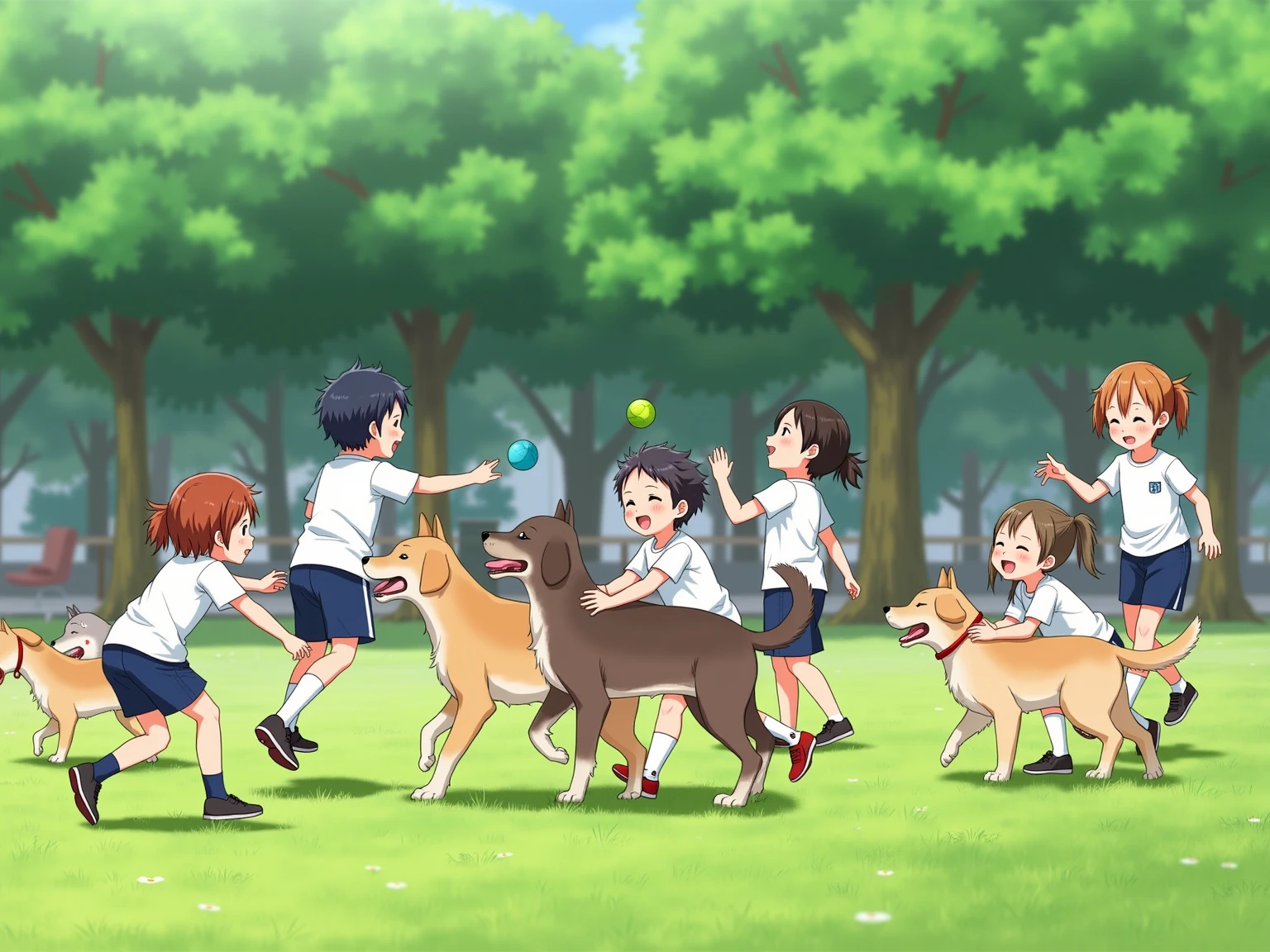 A realistic photograph-style image: A group of Japanese ren are joyfully playing with several friendly dogs in a public park. The ren are laughing, running, and tossing  for the dogs to fetch. Some are crouching down to hug or gently pet the dogs. The park is filled with lush green grass, scattered trees, and a clear blue sky. Natural sunlight casts soft, realistic shadows across the scene. The atmosphere is full of warmth, innocence, and the beautiful bond between ren and animals.
