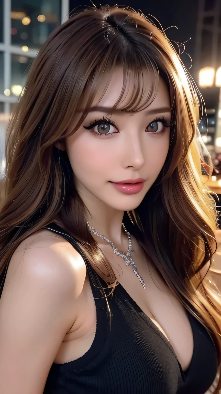 ( Cowboy Shots 、Best Quality、8k、Award-winning works、 super high definition)、Beautiful woman、( Showing off your perfect body in a black sweater , Sexy cleavage:1.1)、 Perfect big 、(blonde:1.1)、Bright color contacts、Perfect gal makeup、Bright and shiny lipstick、Very sexy lips、(Very heavy gyaru makeup:1.2)、( dark brown beige around the eyes:1.1)、Beautiful bright eyeshadow、Heavy makeup around the eyes、(Huge breasts:1.2)、Very long wavy hair、(Romantic affection:1.1)、 his best smile when he looks at me 、(Many women emphasize their body lines..................:1.trongly blurred、 clear image of a luxury hotel swimming pool at night:1.trongly blurred background:1.1)、Accurate anatomy、Ultra HD Hair、( super high definitionの完璧な美しい歯:1.1)、Beautiful ultra-high definition face、 ultra HD curly super long hair 、See-through bangs、Ultra HD Shining Eyes、輝く super high definitionの美肌、 super high definitionの艶やかな唇、Harry Winston Necklace