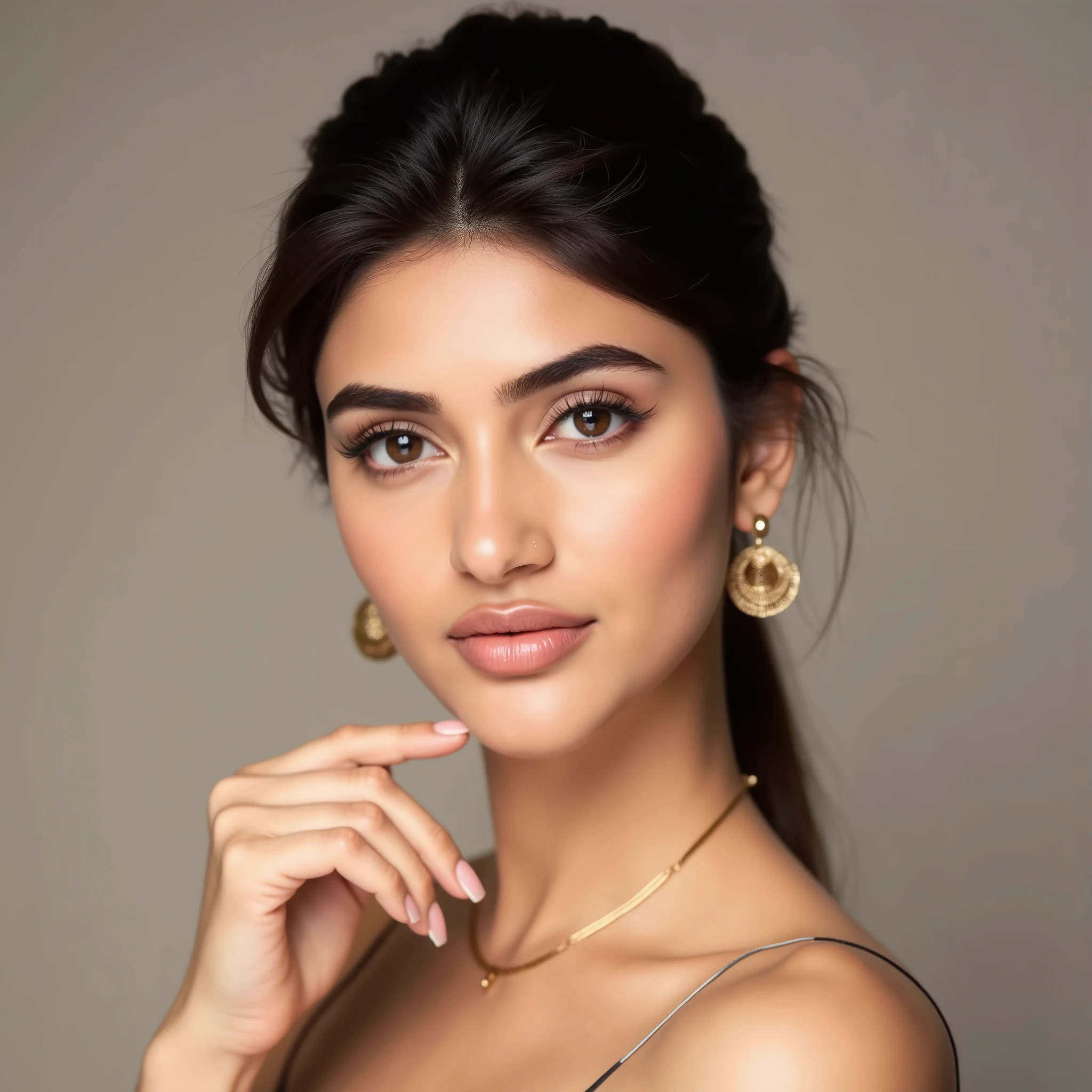 photograph of indian woman, fair skin, close-up, centered, head and shoulders, facing to the camera, looking directly at the camera with no expression, neutral background, studio lighting, smooth skin, fair complexion, dark brown hair, hair pulled back, wearing gold hoop earrings, subtle makeup, natural eyebrows, light pink lipstick, thin gold necklace, white spaghetti strap top, minimalist style, elegant, soft focus, professional portrait, no visible tattoos or piercings, confident expression, serene and calm mood, high-resolution, detailed, no watermark, no text, no additional objects in background, focus on facial features, symmetrical composition