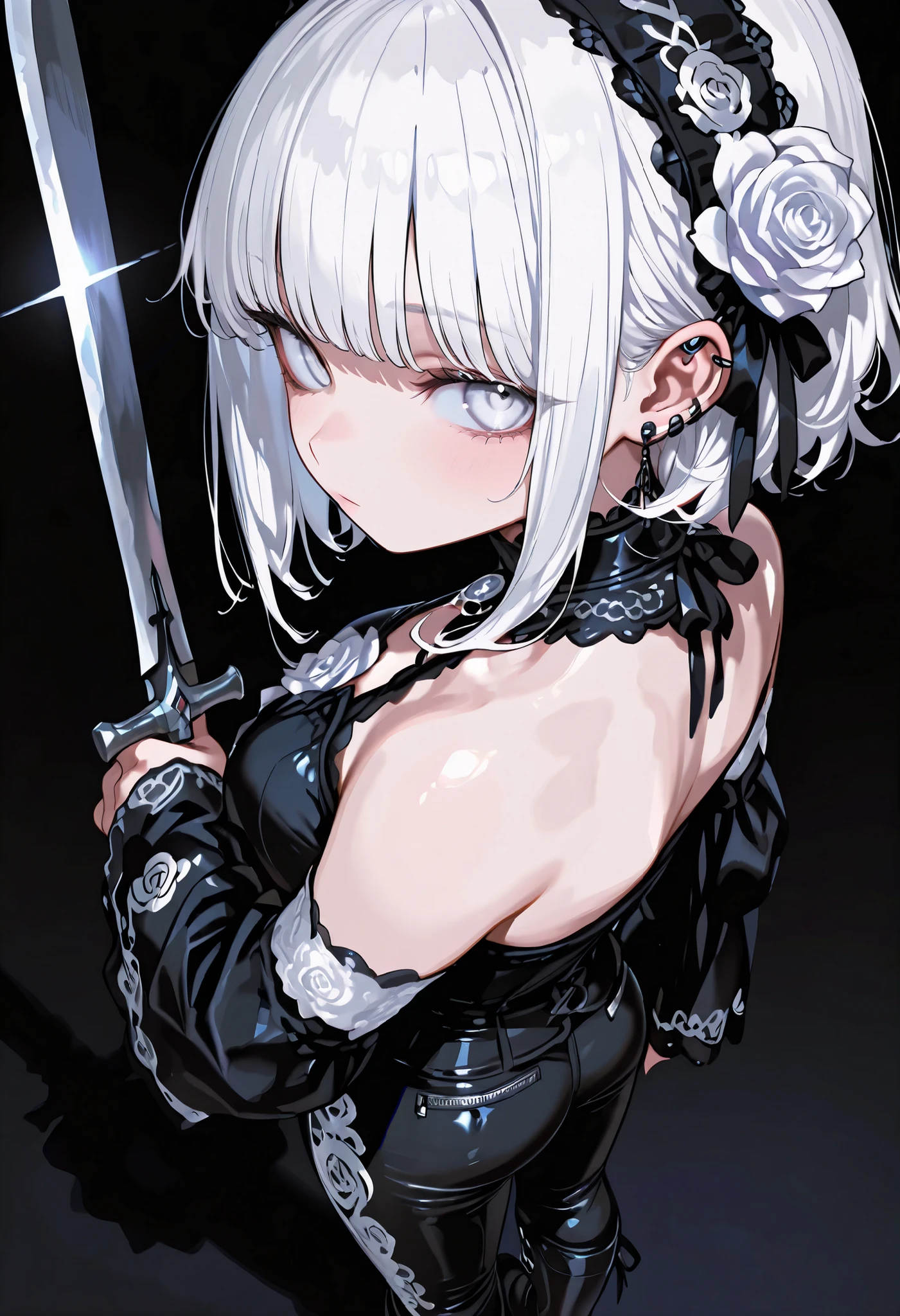  1 girl, , standing, segmented blade, Fair skin, Cropped White Lace Gothic Top,  piercing, Beautifully Detailed White Eyes, Long Thick White Hair, princess cut,Looking back at the viewer, Thighs, leather mesh gothic white rose print pants, Long Glamorous Boots, in their 40s (Absard Dress, detailed, Highest Quality, masterpiece, very aesthetic,:0.3) perspective, HOLLAND ANGLE, from above, black background