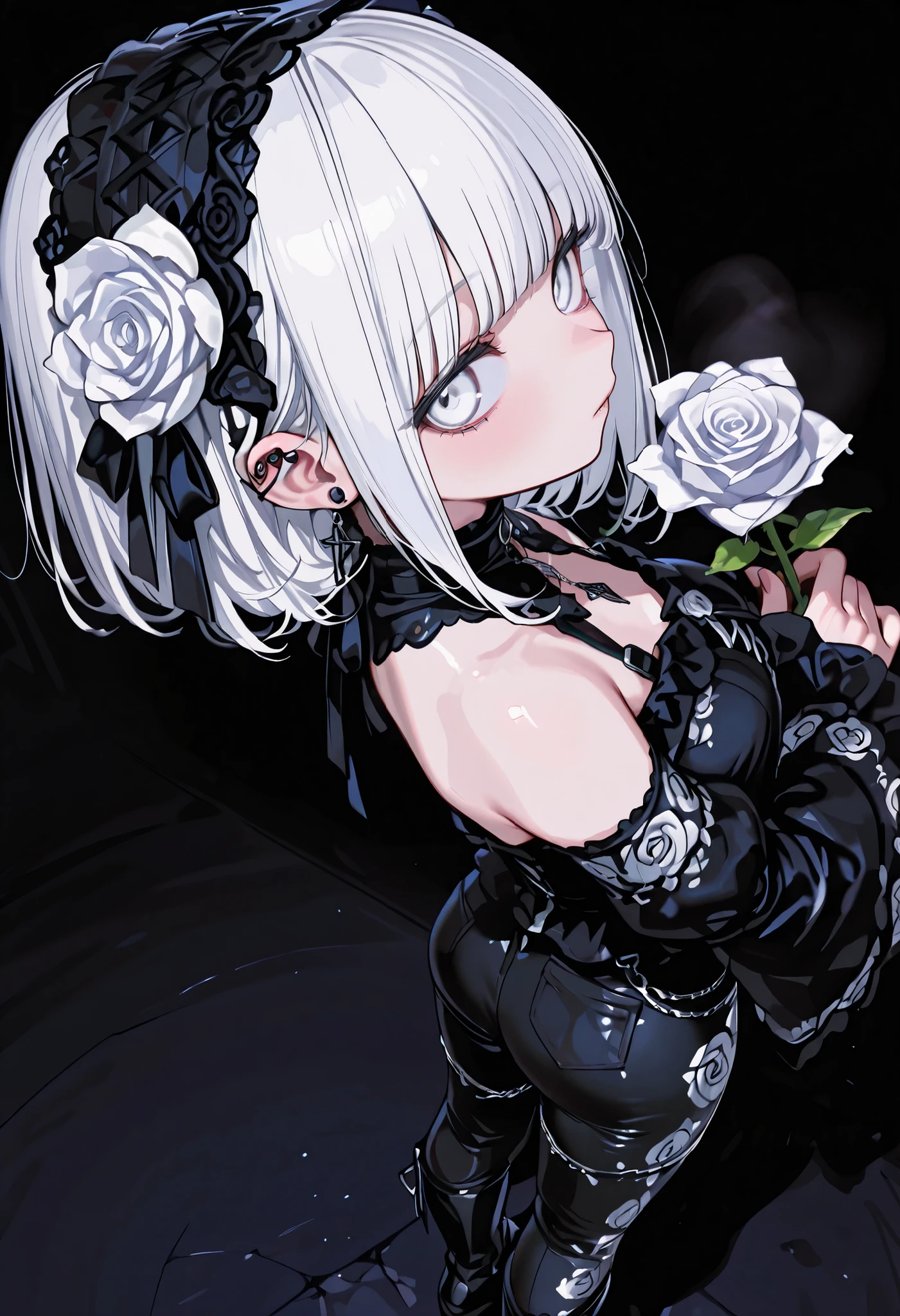 1 girl, , standing, segmented blade, Fair skin, Cropped White Lace Gothic Top, piercing, Beautifully Detailed White Eyes, Long Thick White Hair, princess cut,Looking back at the viewer, Thighs, leather mesh gothic white rose print pants, Long Glamorous Boots, in their 40s (Absard Dress, detailed, Highest Quality, masterpiece, very aesthetic,:0.3) perspective, HOLLAND ANGLE, from above, black background