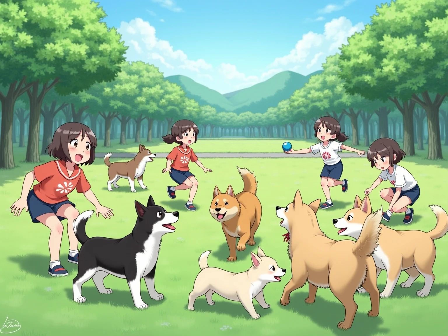 A realistic photograph-style image: A group of Japanese ren are joyfully playing with several friendly dogs in a public park. The ren are laughing, running, and tossing  for the dogs to fetch. Some are crouching down to hug or gently pet the dogs. The park is filled with lush green grass, scattered trees, and a clear blue sky. Natural sunlight casts soft, realistic shadows across the scene. The atmosphere is full of warmth, innocence, and the beautiful bond between ren and animals.