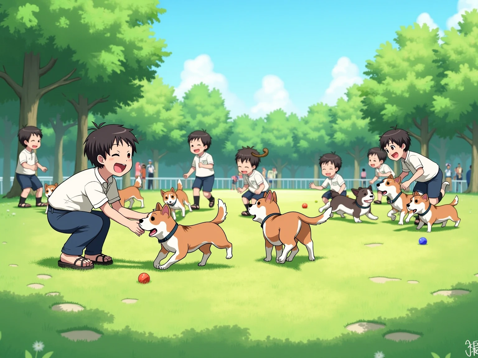 A realistic photograph-style image: A group of Japanese ren are joyfully playing with several friendly dogs in a public park. The ren are laughing, running, and tossing  for the dogs to fetch. Some are crouching down to hug or gently pet the dogs. The park is filled with lush green grass, scattered trees, and a clear blue sky. Natural sunlight casts soft, realistic shadows across the scene. The atmosphere is full of warmth, innocence, and the beautiful bond between ren and animals.