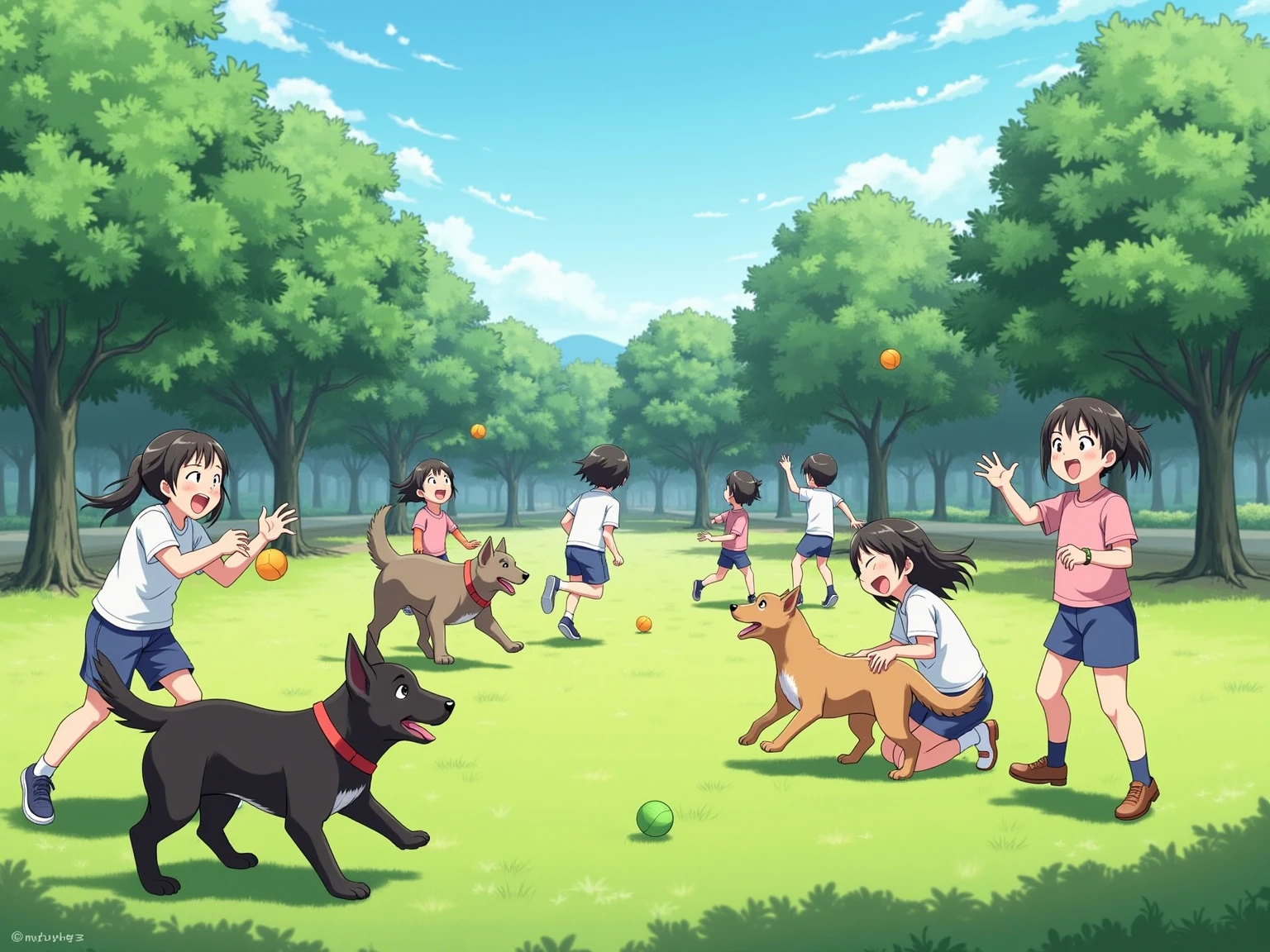 A realistic photograph-style image: A group of Japanese ren are joyfully playing with several friendly dogs in a public park. The ren are laughing, running, and tossing  for the dogs to fetch. Some are crouching down to hug or gently pet the dogs. The park is filled with lush green grass, scattered trees, and a clear blue sky. Natural sunlight casts soft, realistic shadows across the scene. The atmosphere is full of warmth, innocence, and the beautiful bond between ren and animals.
