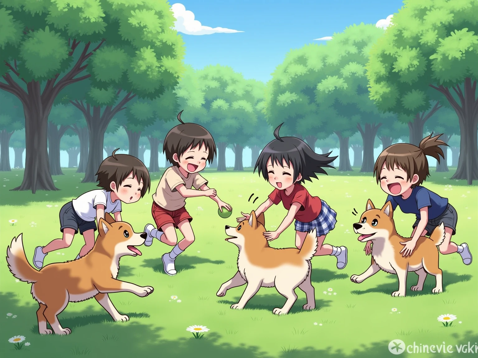 A realistic photograph-style image: A group of Japanese ren are joyfully playing with several friendly dogs in a public park. The ren are laughing, running, and tossing  for the dogs to fetch. Some are crouching down to hug or gently pet the dogs. The park is filled with lush green grass, scattered trees, and a clear blue sky. Natural sunlight casts soft, realistic shadows across the scene. The atmosphere is full of warmth, innocence, and the beautiful bond between ren and animals.