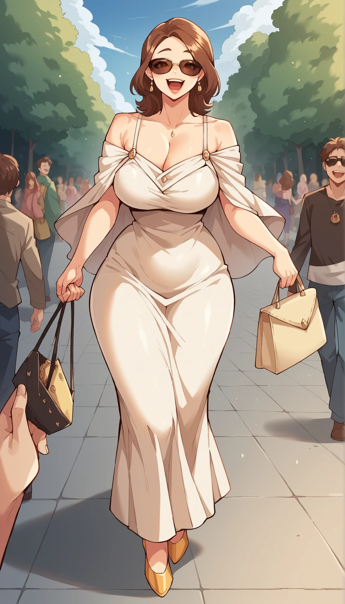 Jang Min-young ( WRECK MY BIAS ), 1girl, mature female, brown hair, best quality, masterpiece, ultra-detailed, high quality,
Beautiful, beautiful face, smile, open mouth, looking at viewer, She's only wearing a revealing long loose glittering black dress with thin shoulder straps and a deep V-neckline, big black sunglasses, and strappy yellow high heels. She's standing, one hand over her lips, laughing, eyes hidden under the sunglasses, carrying a purse, and is in a party hall. Show her full body and super hyper-detailed, POV, from the front, standing
