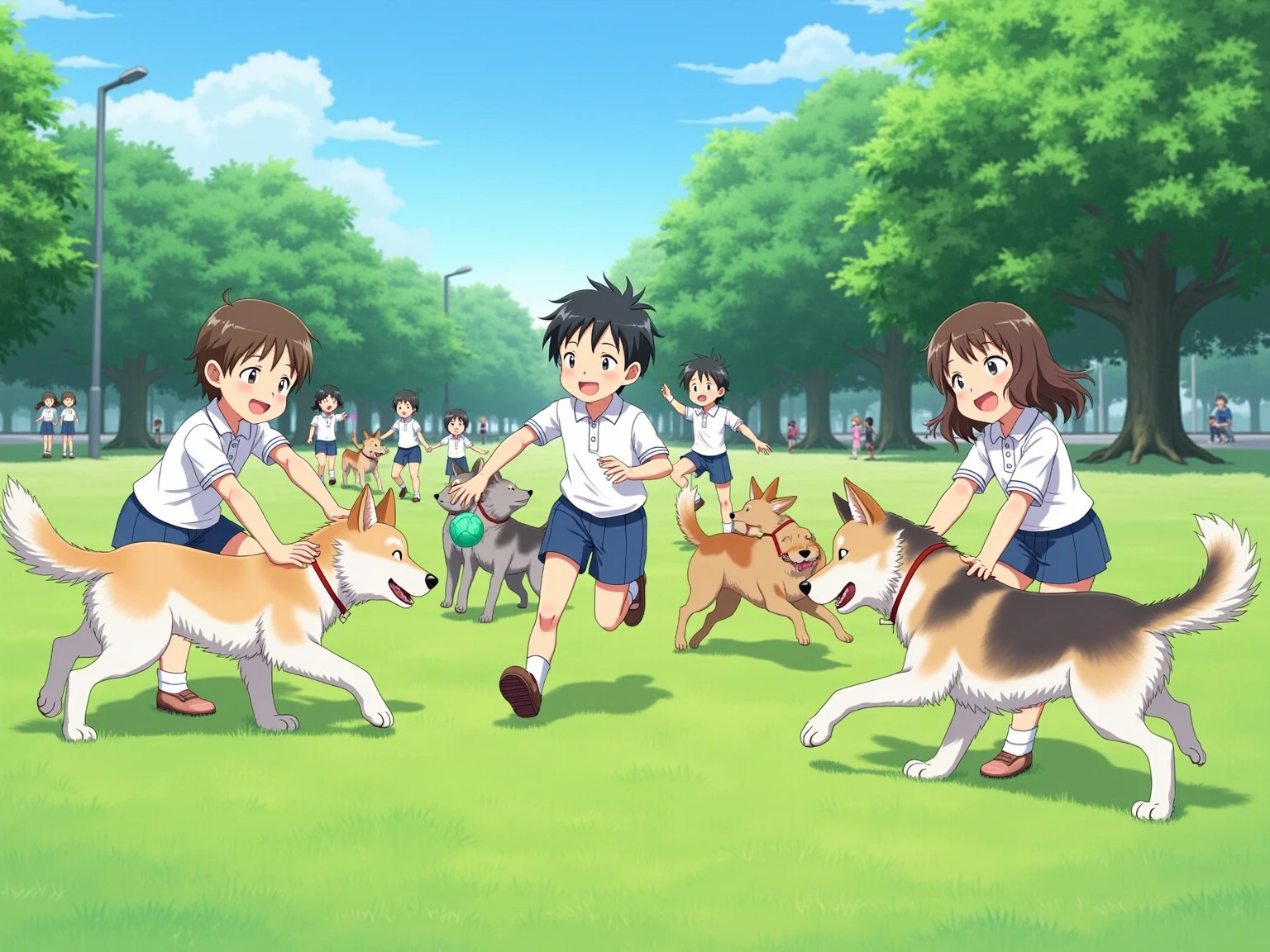 A realistic photograph-style image: A group of Japanese ren are joyfully playing with several friendly dogs in a public park. The ren are laughing, running, and tossing  for the dogs to fetch. Some are crouching down to hug or gently pet the dogs. The park is filled with lush green grass, scattered trees, and a clear blue sky. Natural sunlight casts soft, realistic shadows across the scene. The atmosphere is full of warmth, innocence, and the beautiful bond between ren and animals.