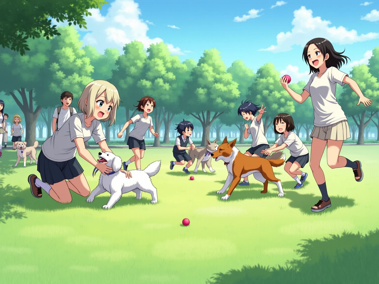 A realistic photograph-style image: A group of Japanese ren are joyfully playing with several friendly dogs in a public park. The ren are laughing, running, and tossing  for the dogs to fetch. Some are crouching down to hug or gently pet the dogs. The park is filled with lush green grass, scattered trees, and a clear blue sky. Natural sunlight casts soft, realistic shadows across the scene. The atmosphere is full of warmth, innocence, and the beautiful bond between ren and animals.