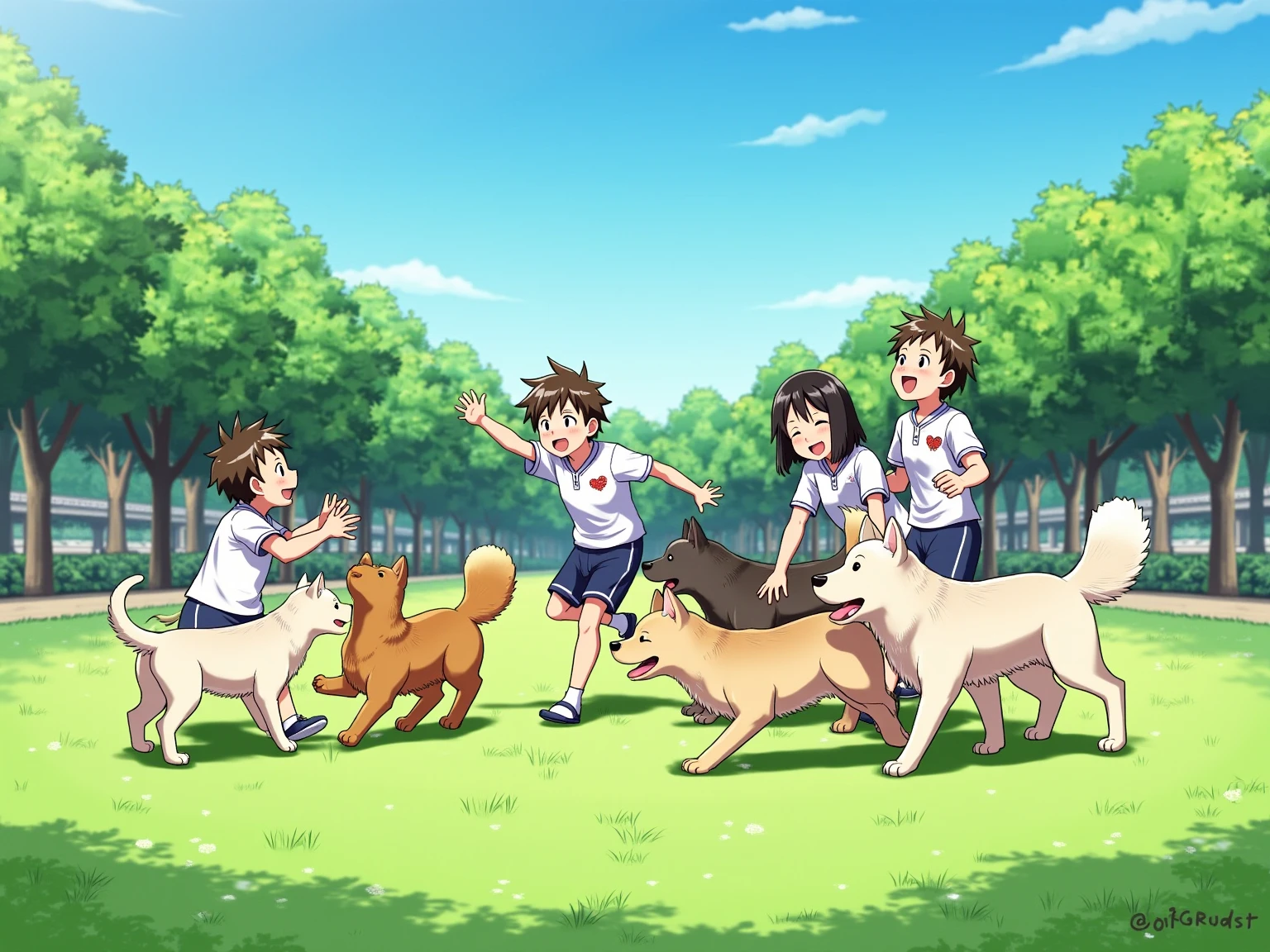 A realistic photograph-style image: A group of Japanese ren are joyfully playing with several friendly dogs in a public park. The ren are laughing, running, and tossing  for the dogs to fetch. Some are crouching down to hug or gently pet the dogs. The park is filled with lush green grass, scattered trees, and a clear blue sky. Natural sunlight casts soft, realistic shadows across the scene. The atmosphere is full of warmth, innocence, and the beautiful bond between ren and animals.