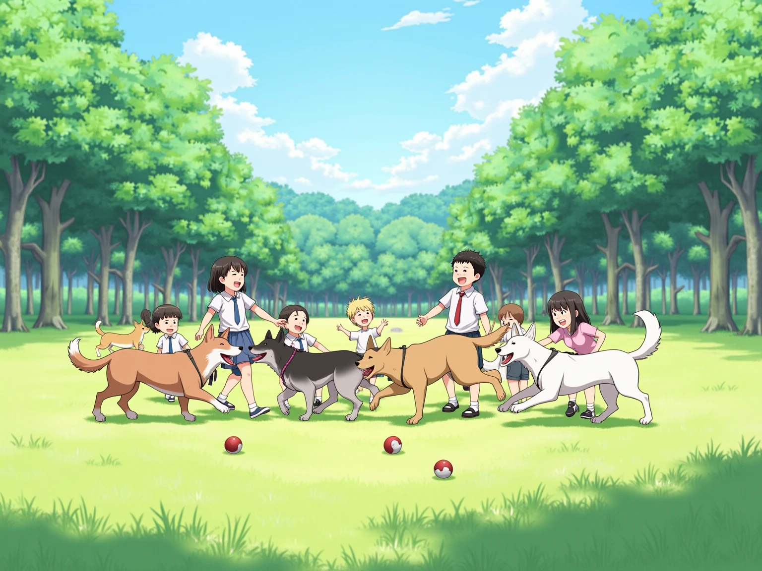 A realistic photograph-style image: A group of Japanese ren are joyfully playing with several friendly dogs in a public park. The ren are laughing, running, and tossing  for the dogs to fetch. Some are crouching down to hug or gently pet the dogs. The park is filled with lush green grass, scattered trees, and a clear blue sky. Natural sunlight casts soft, realistic shadows across the scene. The atmosphere is full of warmth, innocence, and the beautiful bond between ren and animals.