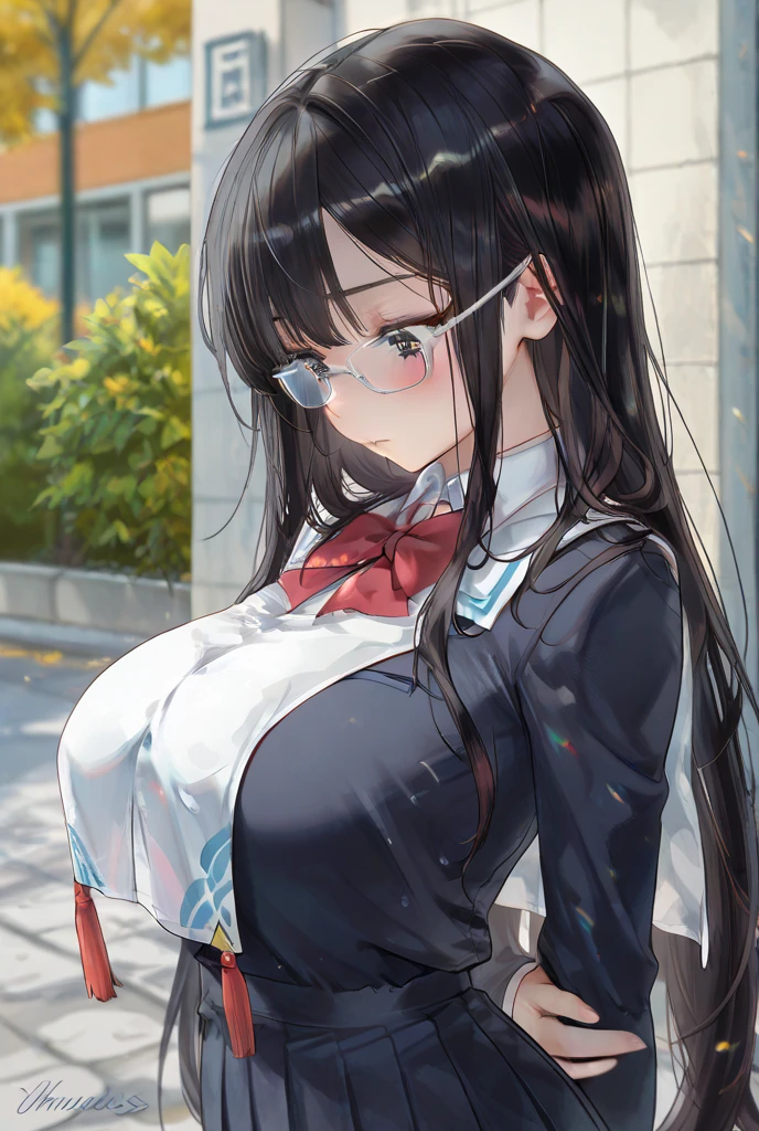 (masterpiece),best quality,1girl, solo, glasses, school uniform, braid, black hair, bag, twin braids, serafuku, long hair, breasts, school bag, neckerchief, black-framed eyewear, black eyes, red neckerchief, white background, looking at viewer, jimiko, simple background, closed mouth, upper body, bangs, collarbone, long sleeves, large breasts, sailor collar, black serafuku, hand in pocket, hair over shoulder, shoulder bag, pocket, shirt, skirt, gradient background, black sailor collar, gradient