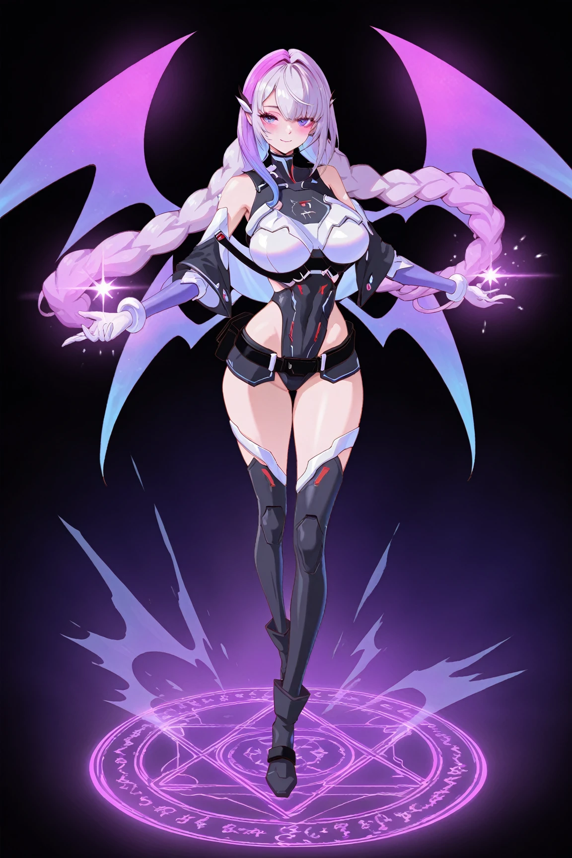 blush, smile, glowing aura, natural light, masterpiece,  glossy skin, juicy lips , sexy, hot, cleavage, evil,juicy lips, bimbo, ((4 arms)), multiple arms, hour glass figure, light silver hair, ((really long hair)),  (slendered abs:1.4), wide eyes, blue eyes, (gigantic breasts:1.3), dark lighting, (black heels), off the shoulder leotard, white leotard, ((intricate leotard:1.2)), ((pale skin :1.3)), (colored skin),multiple arms, perfect hands, black gloves, fairy wings