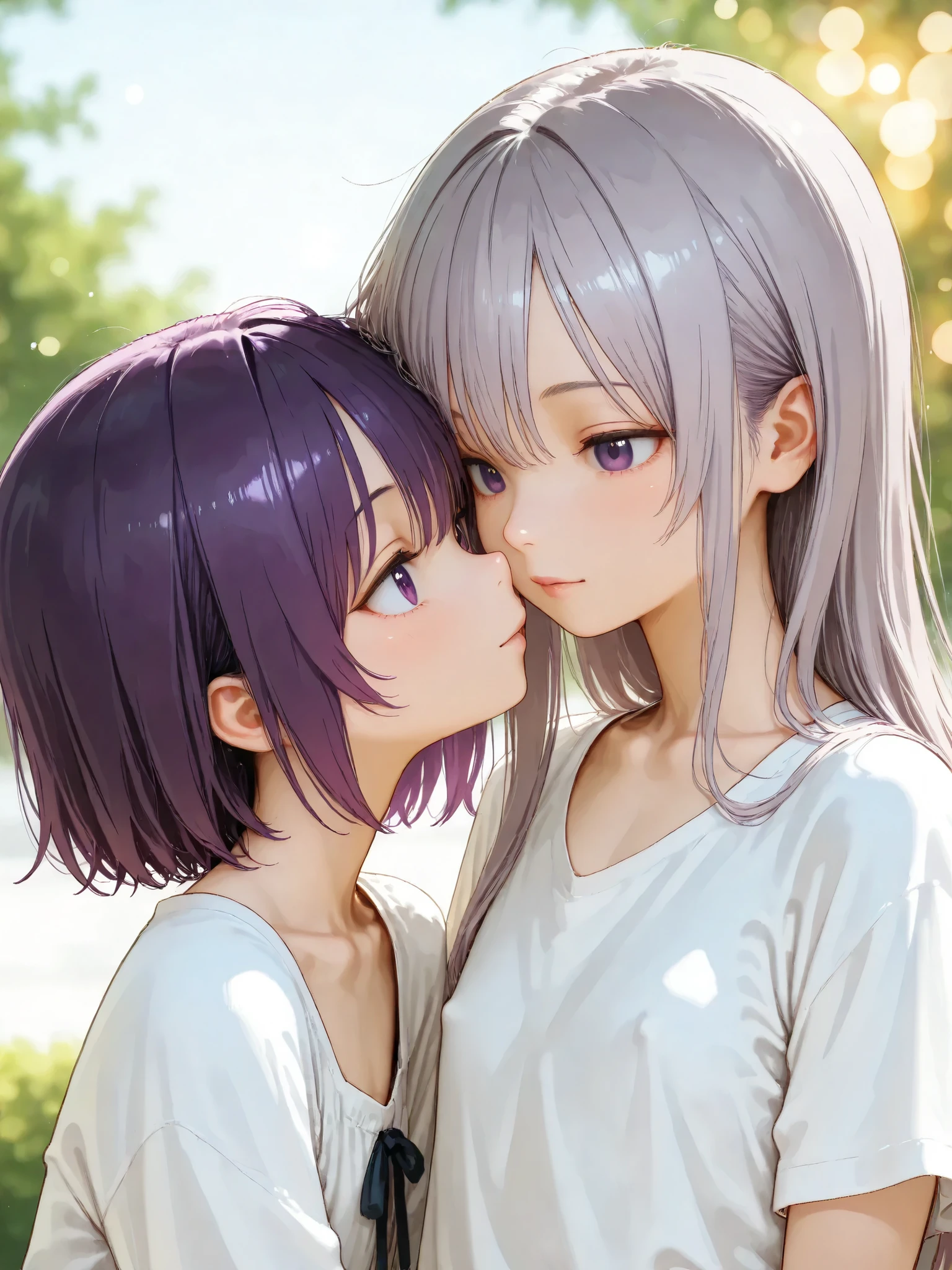 short girl, 2 girls,is young, flat chested,realisticな外観, big purple eyes, Two-tone purple hair and gray hair、white shirt、stroke their heads、Outdoors、細部にこだわったrealisticな影、movie stills, High Quality, realistic, 4K rendering, ultra-fine texture, PROFESSIONAL , bright color, Bokeh