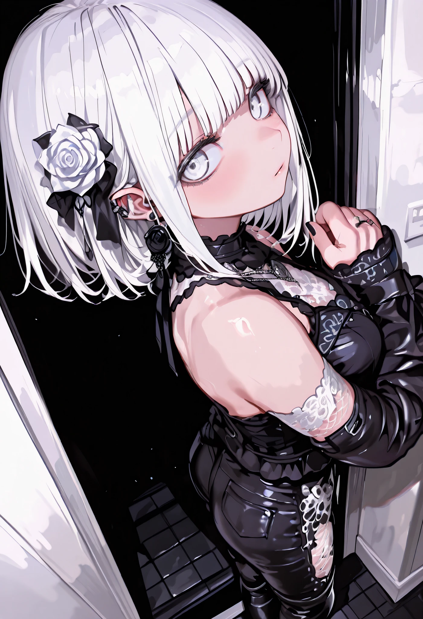 1 girl, , standing, segmented blade, Fair skin, Cropped White Lace Gothic Top, piercing, Beautifully Detailed White Eyes, Long Thick White Hair, princess cut,Looking back at the viewer, Thighs, leather mesh gothic white rose print pants, Long Glamorous Boots, in their 40s (Absard Dress, detailed, Highest Quality, masterpiece, very aesthetic,:0.3) perspective, HOLLAND ANGLE, from above, black background