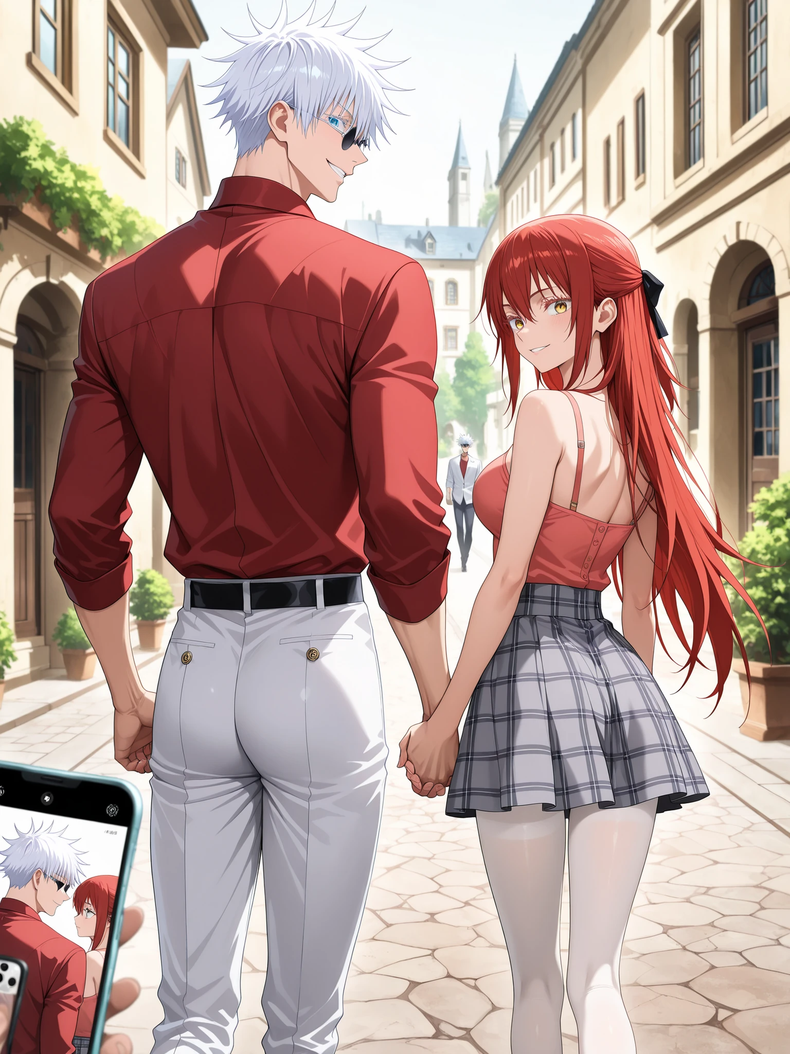 masterpiece, best quality, amazing quality, absurdres, dynamic shot, upper_body, anime screencap, official art, anime style, jujutsu kaisen screencap, smartphone screenshot, making picture, A romantic fantasy scene captured from the perspective of a smartphone camera, "Shot on iPhone" style.BREAK couple, hetero, duo focus, size difference, height difference , BREAK 1 girl , golden eyes , very long hair , long sidelocks, red hair ,half updo, petite , very cute , beautiful ,Straight hair, cool, handsome, hair between eyes, sexy, female, medium large breasts, (((white pantyhose))), long legs, wearing nice dress with short grey plaid skirt BREAK 1man, adult, male focus, grin, gojou satoru, jujutsu kaisen, white hair, short hair, (hair between eyes), colored eyelashes, white eyelashes, blue eyes, intricate eye iris, detailed eyes, muscular, toned body, sexy man, handsome face, black rectangular sunglasses, light red shirt, white pants, BREAK romantic couple, old italian town, buildings, cobblestone streets, plants, looking over shoulder, holding hands, back view, soft colors, The viewer is trying to take the photo of the couple in portrait mode, fake smartphone