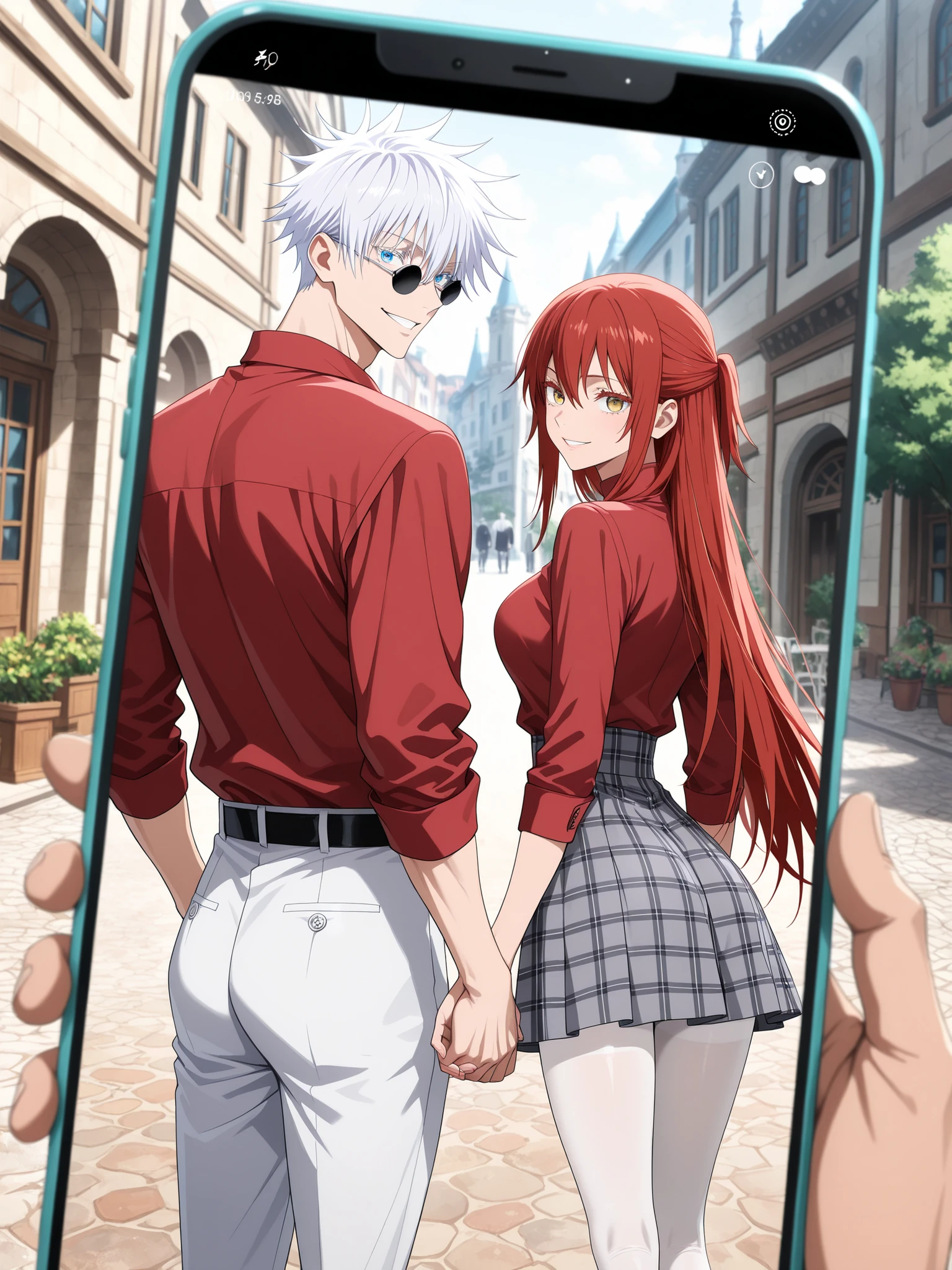 masterpiece, best quality, amazing quality, absurdres, dynamic shot, upper_body, anime screencap, official art, anime style, jujutsu kaisen screencap, smartphone screenshot, making picture, A romantic fantasy scene captured from the perspective of a smartphone camera, "Shot on iPhone" style.BREAK couple, hetero, duo focus, size difference, height difference , BREAK 1 girl , golden eyes , very long hair , long sidelocks, red hair ,half updo, petite , very cute , beautiful ,Straight hair, cool, handsome, hair between eyes, sexy, female, medium large breasts, (((white pantyhose))), long legs, wearing nice dress with short grey plaid skirt BREAK 1man, adult, male focus, grin, gojou satoru, jujutsu kaisen, white hair, short hair, (hair between eyes), colored eyelashes, white eyelashes, blue eyes, intricate eye iris, detailed eyes, muscular, toned body, sexy man, handsome face, black rectangular sunglasses, light red shirt, white pants, BREAK romantic couple, old italian town, buildings, cobblestone streets, plants, looking over shoulder, holding hands, back view, soft colors, The viewer is trying to take the photo of the couple in portrait mode, fake smartphone