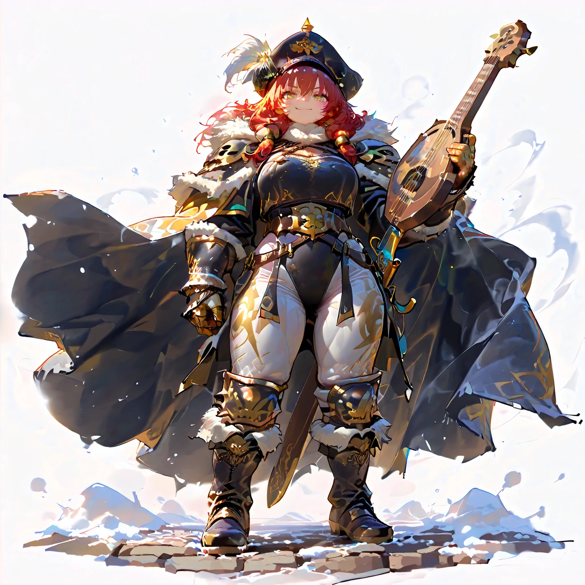 (((masterpiece))), (((Best Quality))), ((Ultra-detailed)), (High Definition anime Illustration), ((extremely delicate and beautiful)),solo, Full body, Dwarf bard lady, short figure, snow-white shaggy hair and gold eyes, copper skin,((stylish cloak and wrestler costume)),winning smile,(gorgeous feathered hat),(strumming lute), huge hips ,(breast enlargement)(thick legs)(muscular)(Character Focus),highly detailed, Colorful, highest details, long boots. full body standing, Digital Painting, 8K High Resolution, trend art station, Whole body, (((white background)))