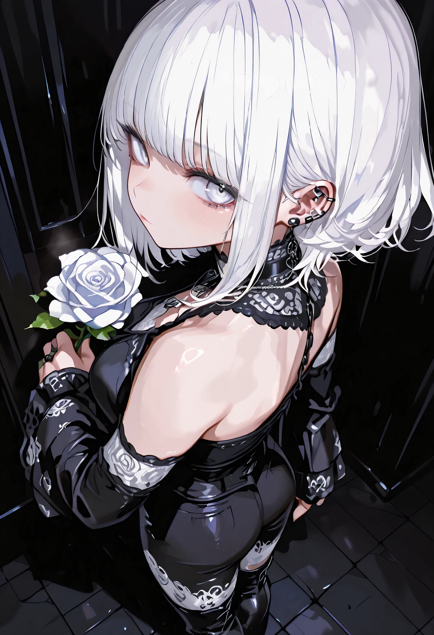 1 girl, , standing, segmented blade, Fair skin, Cropped White Lace Gothic Top, piercing, Beautifully Detailed White Eyes, Long Thick White Hair, princess cut,Looking back at the viewer, Thighs, leather mesh gothic white rose print pants, Long Glamorous Boots, in their 40s (Absard Dress, detailed, Highest Quality, masterpiece, very aesthetic,:0.3) perspective, HOLLAND ANGLE, from above, black background