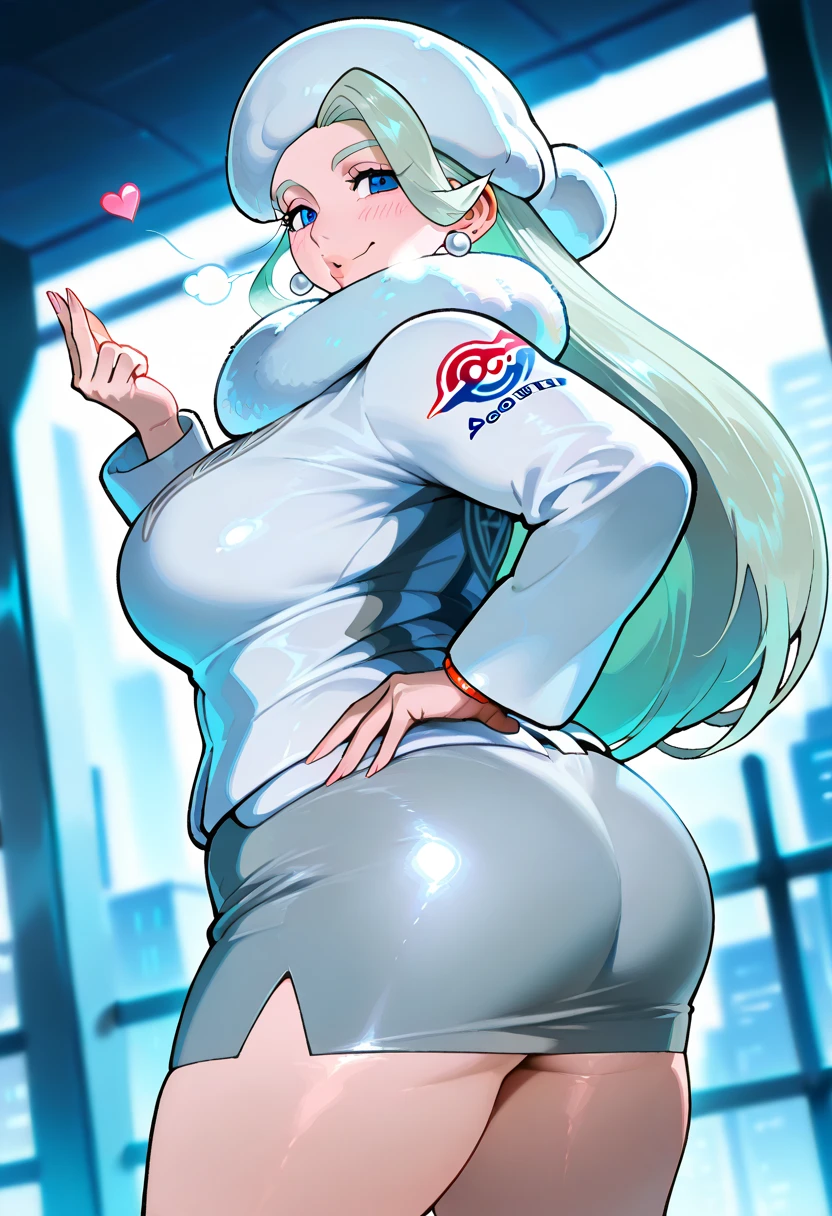 sexy woman, mature, milf, huge breasts, large breasts, curvy, voluptuous, completely nude, nude, pussy, nipples, grey hair, blue eyes, long hair, slick back, sweating, shiny skin, smile, standing, solo focus, neighborhood, convenience store, outdoors, night time