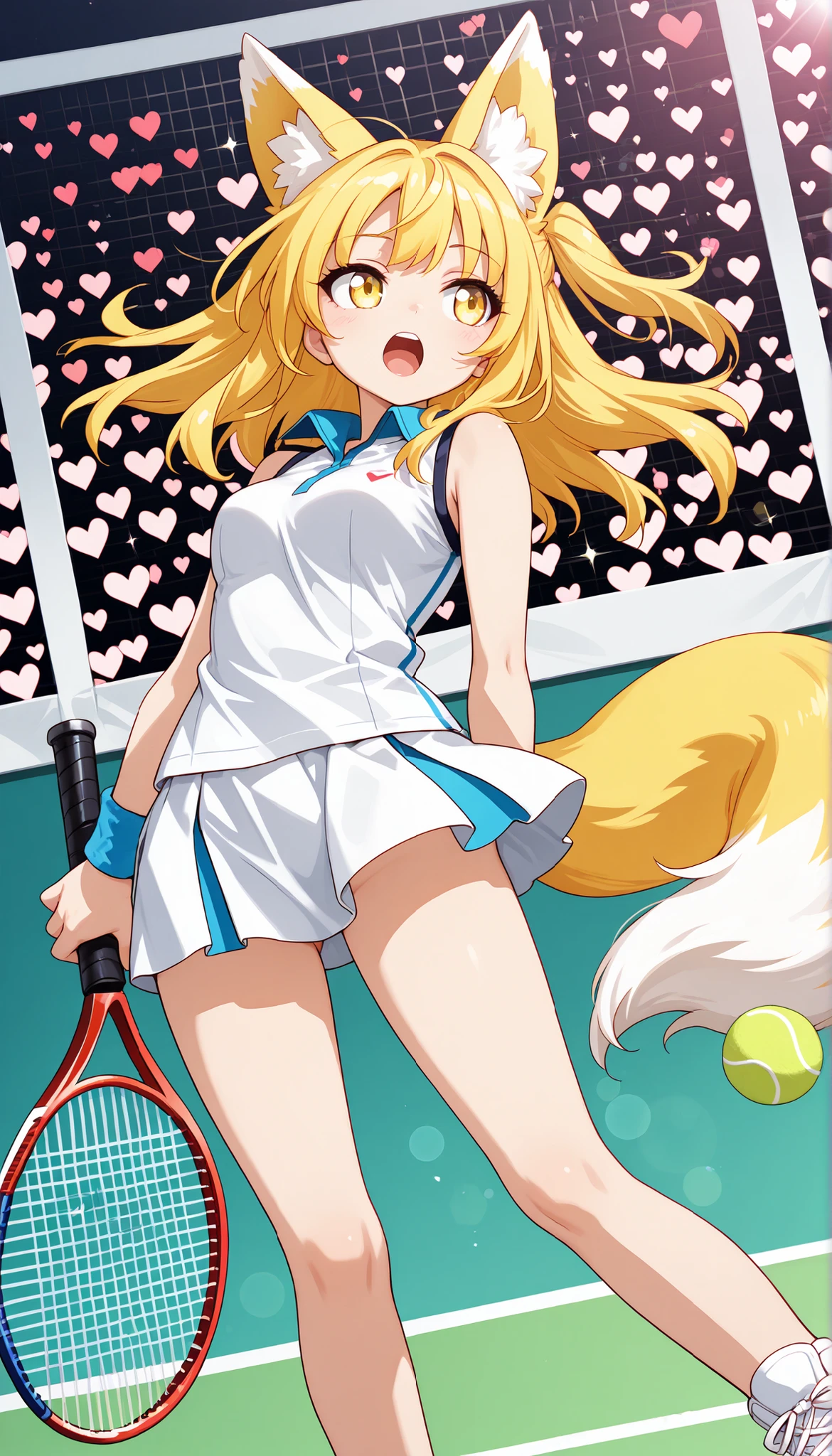 (masterpiece, Highest Quality), (colorful),one girl with arms, fox ears,foxtail,(long yellow hair),yellow eyes, best smiles,open your mouth,heart background,Tennis match, tennis player,tennis wear,super precise illustration, High detail during meals , dynamic angle, beautiful detailed, 8k, (high definition), anime style,cute,glitter, clean and clean ,lens flare,DYNAMIC POSE,
