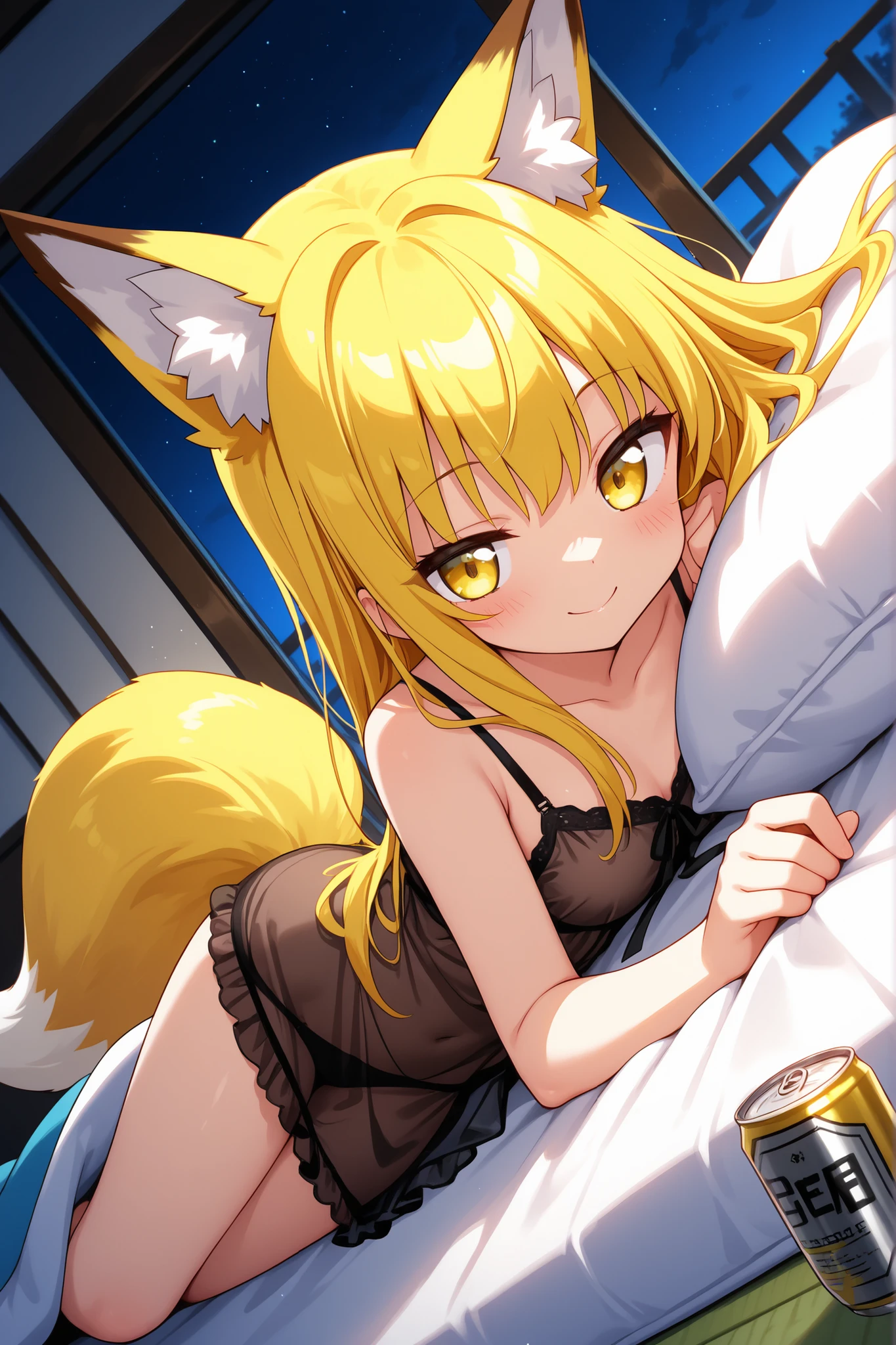 by fluff-kevlar, by ouka, by Kilinah, (((woman, breasts, extremely detailed, extremely detailed legs, extremely detailed arms, extremely detailed face, perfectly detailed eyes, perfectly detailed anatomy))): 1.2, beautiful and detailed portrait of an anthropomorphic vixen ((female))), anthro, female, fox, yellow fur, yellow body, yellow hair, long hair, high definition, good anatomy, highly detailed face, dark lighting, moody lighting, full body, sexy body, slanky body, sexy face, nice, hot, cute, pawpads, paws, paws for hands, showing feet, blushing, friendly smile, smile, friendly, elegant, dark, mysterious, alluring, beautiful, black thigh highs, white thigh strap, wearing sexy black bra and thong, lying on her back, on a bed, tail attached to body
