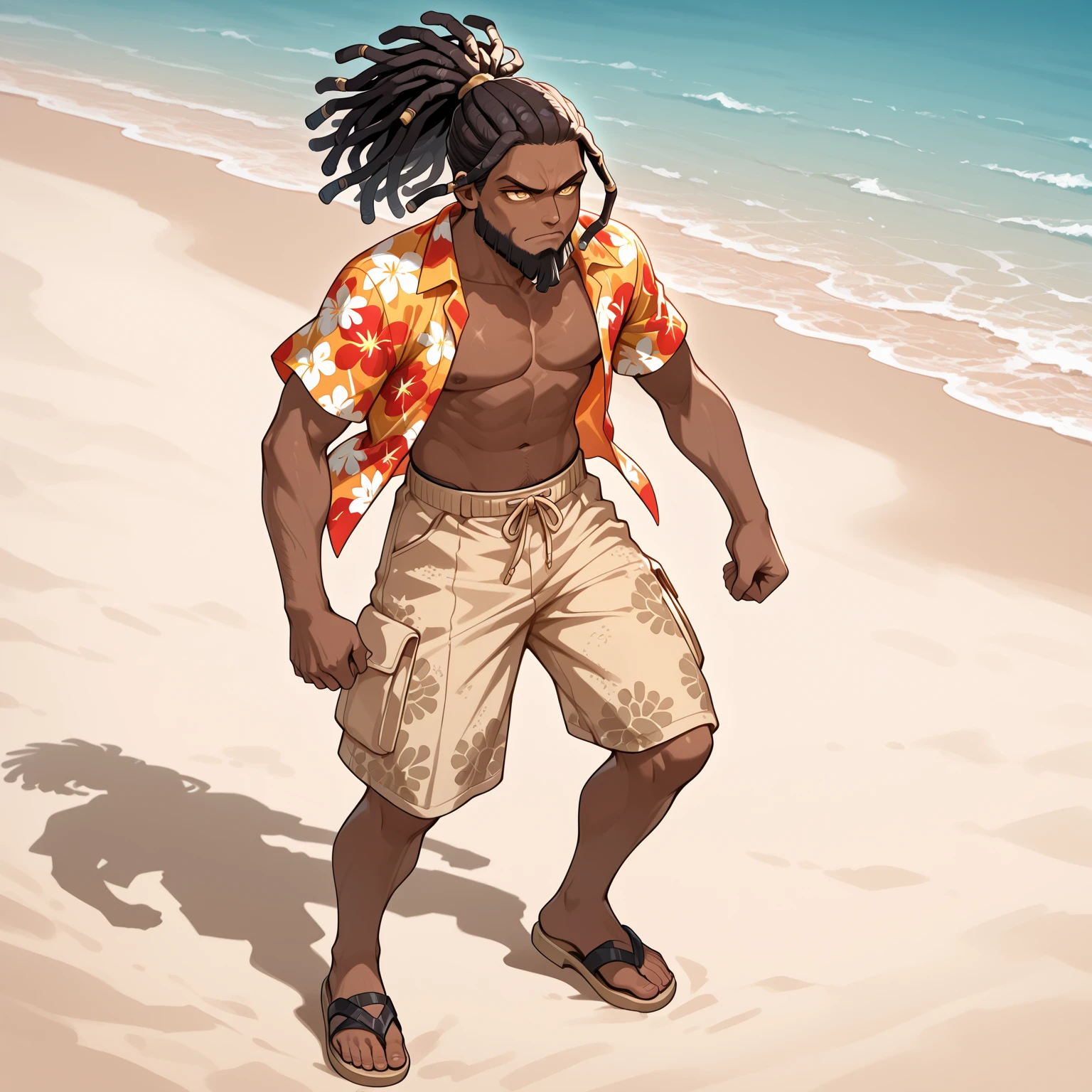 Toned African femboy, male, human, with dark skin, strong but femenine, lean composition, very long black messy untamed hair, shorts, topless, barefoot, slutty clothing, 1980s, Eighties, anime, hooker, jewellery, adult, Miami