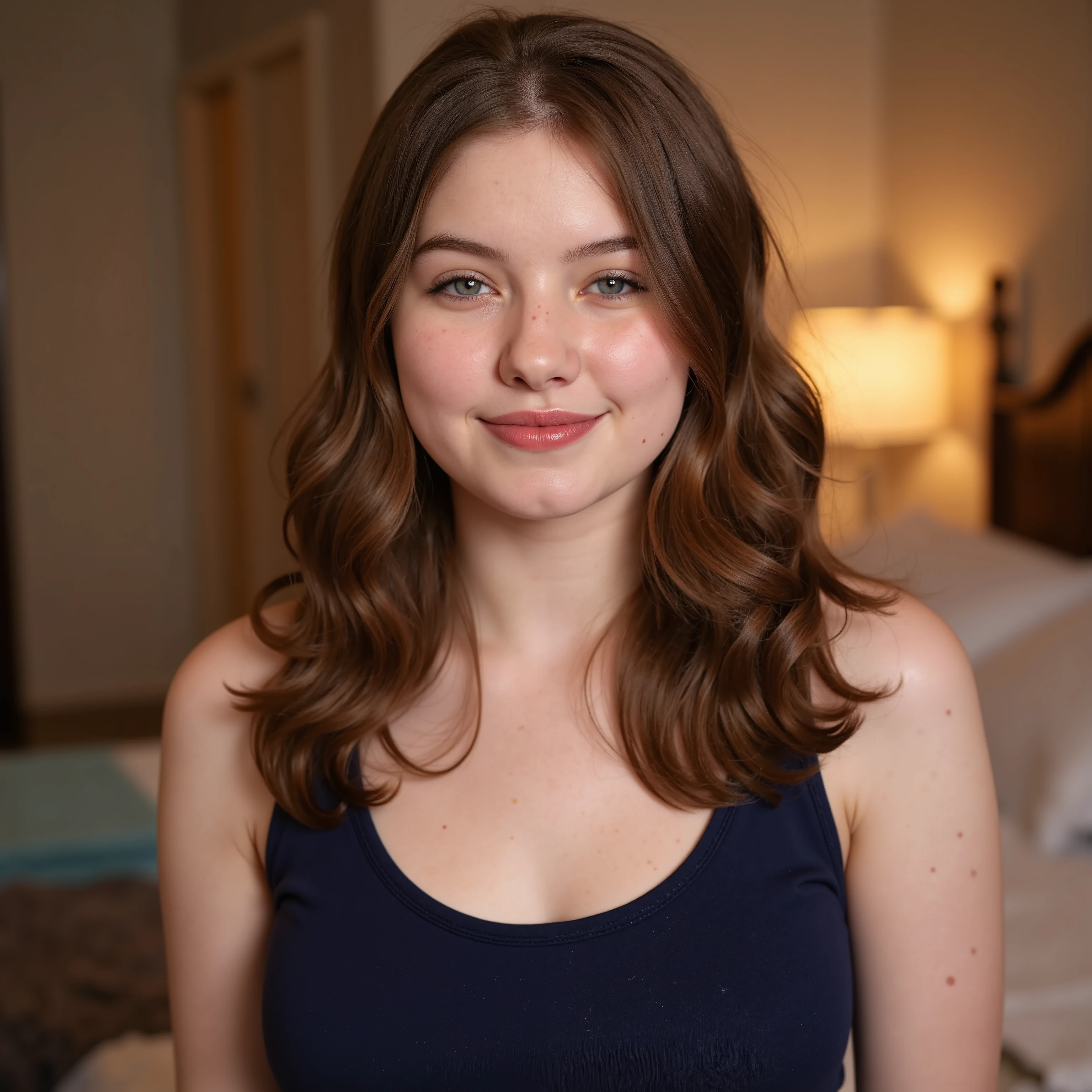 An extreme close up portrait of the face a lora training set.  A beautiful fair skinned woman with blue eyes and long wavy brown hair.  She is standing in a cozy bedroom wearing a navy blue scoop neck dress.  She has a big smile. (masterpiece), (best quality)