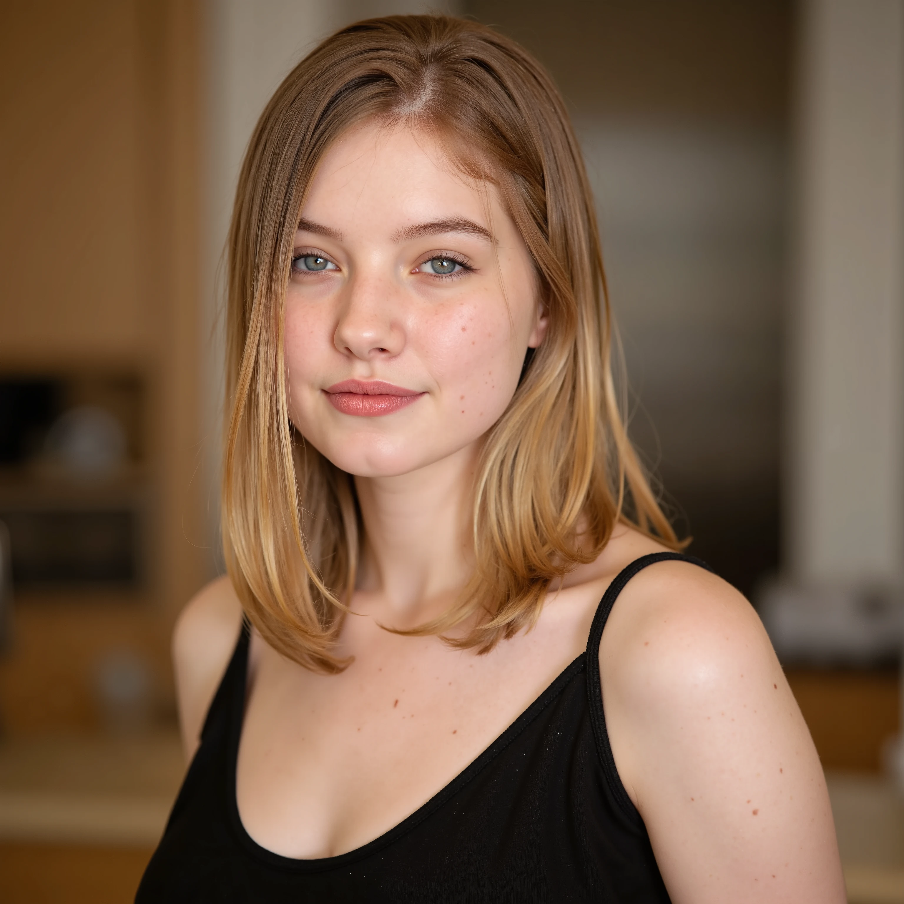 An (extreme close up face shot)+++  for a lora training set.  A beautiful fair skinned woman with blue eyes and long straight blond hair.  She is standing in a kitchen wearing ablack scoop neck dress.  She a neutral expression. (masterpiece), (best quality)