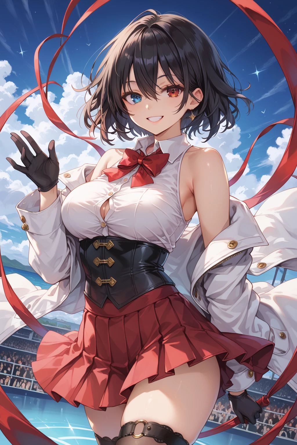 highly detailed skin, highly detailed face, (beautiful detailed eyes, the girl smiles, red cheeks), (one girl), The girl is an adult, 18-year-old Cardcaptor Sakura, ((no panties, Cute, thin pubic hair)), (Not wearing a bra, tits, cute nipples), stylish body, magic stick, heel shoes, short skirt, inside the church, fantasy, ((Photographed from the front so that the girl&#39;s whole body is included)),