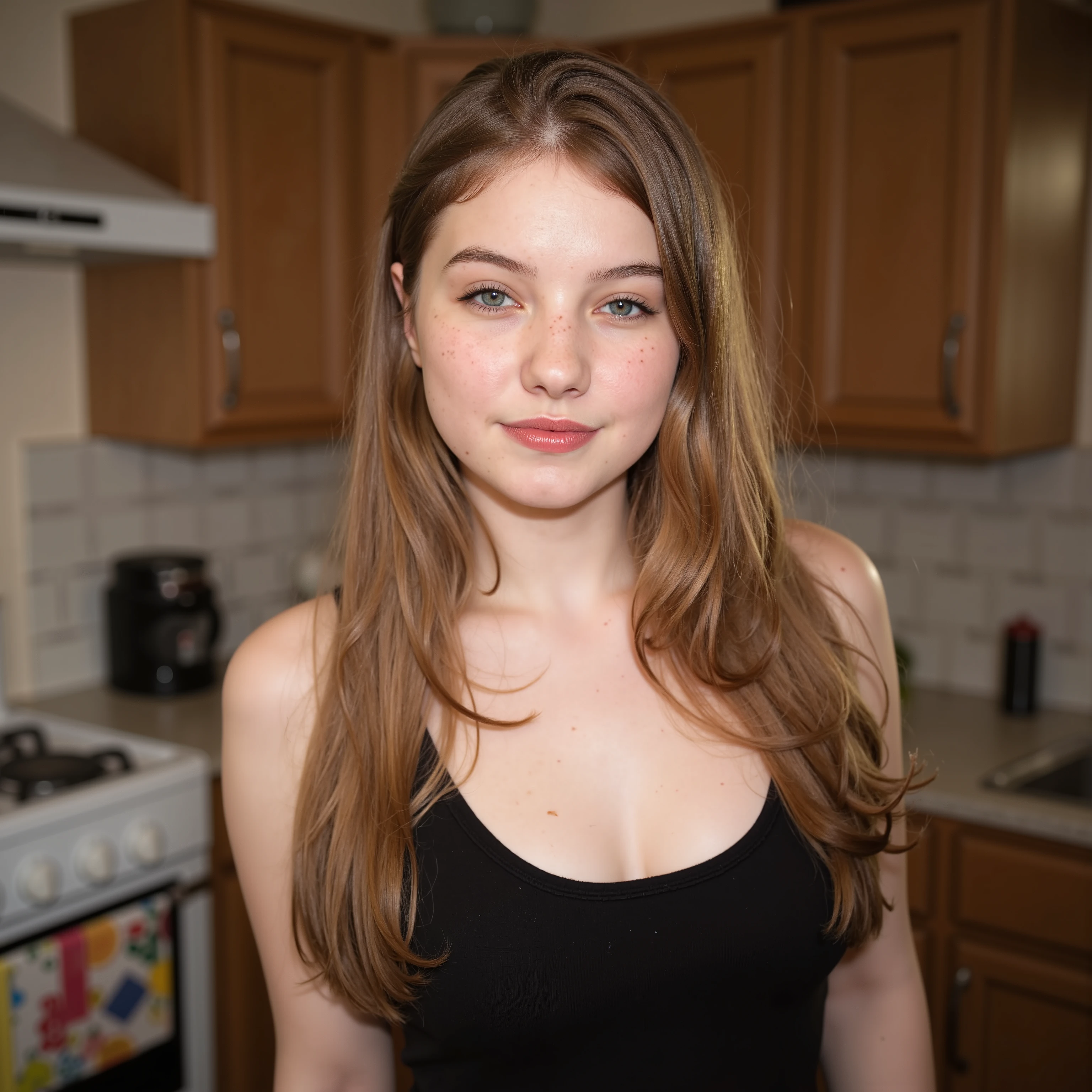 An (extreme close up:2.0) for a lora training set.  A beautiful fair skinned woman with blue eyes and long curly blond hair. Fair complexion, light skin, (--no freckles:2.0), She is standing in a kitchen wearing a black scoop neck dress.  She a neutral expression. (masterpiece), (best quality)