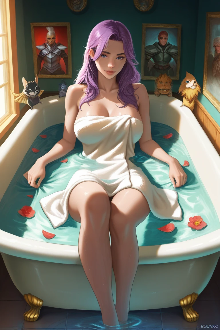 woman with colorful hair and necklace, fantasy palace, regal and ornate bathroom, emerging from her bathtub, wet robe, steamy, masterpiece, 8k, best quality, cute princess