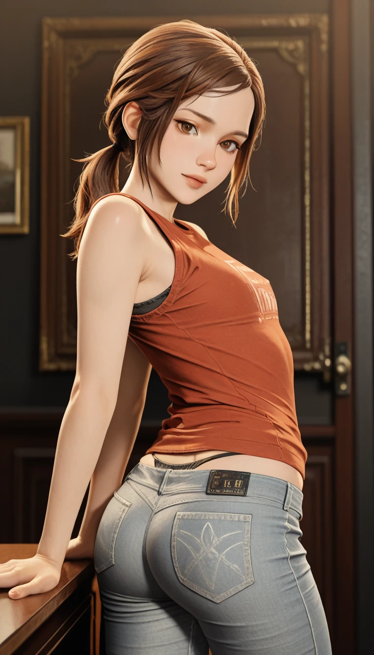 (Very detailed background:1.0), (Highly detailed background:1.0),absurderes, ((masutepiece:1.2, Best Quality)), ultra-detailliert, Ultra-precise depiction, Ultra-detailed depiction, Best Quality, Extremely detailed, (Dynamic Pose), Big、Bibi's Chest、(Photorealistic:1.4), Official art, Unity 8k壁纸, Beautiful and aesthetic, Looking at Viewer, 1lady, wide hips, (Shiny skin), Many colors, Dynamic Angle, Most Beautiful Form of Chaos, Elegant,、romanticism, deepshadow, lowkey, Looking back, android_18, and18, and18, 1girl in, Android 18, Solo, Blue eyes, poneyTail, Red Ribbon Tank Top, Open legs, White panty, Black tank top, Denim skirt,Ultra mini skirt、