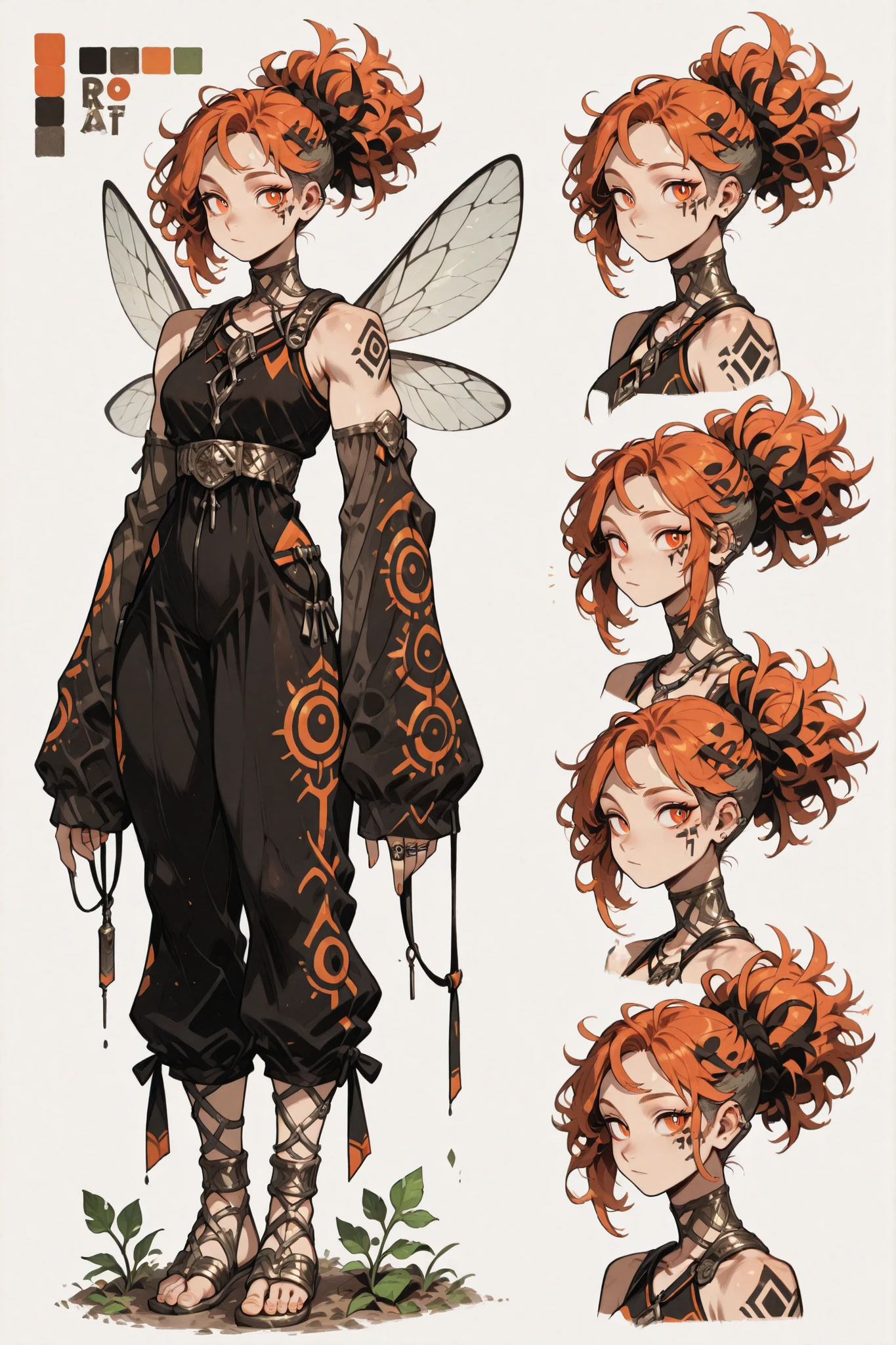 Character sheet, highlighting the character. A woman, 24 years old, with slightly tanned skin, wavy red hair with curls at the ends, short in the Undercut or low fade style, with less contrast between the parts, fringed with white strands, her eyes are semi-sharp and turquoise in tone, her expression is disdainful with a certain pride, accompanied by a small smile. Her ears are pointy, her fairy wings are large and flashy in a faded orange tone. She wears a short jumpsuit of light design, predominantly black with geometric cuts and white lines that accentuate the silhouette. The tight fabric molds to the body like a second skin, with a silver metal front zipper that ends in a ring, suggesting functionality and floral aesthetics. Typographic details printed on the leg and bust complete the magical urban aesthetic. The top, sleeveless, has a high collar with a translucent buckle, giving it a touch of elegant brutalism. What really stands out are the removable sleeves, connected by large metal buckles on the biceps. Made of a looser, more voluminous fabric, the sleeves are wide and long, balloon-style, with vertical white stripes that elongate the arms. This part was customized with a distinctive touch: deep burgundy straps, the same shade as the gladiator sandals, wrap around the forearms underneath the sleeves, forming bows and ties that go up to the elbows, like a fusion between Roman and urban style. She wears modern gladiator-style sandals, in the same deep burgundy tone as the ties on the sleeves. The wide straps of fabric cross the feet and go up the calves, contrasting the ancestral style with the modernity of the outfit. The footwear, rustic and elegant, leaves the toes exposed, balancing firmness and lightness. This ensemble mixes high-tech with tribal, creating a unique aesthetic that echoes resistance, style and striking identity. (Colors vibrants, eyes perfect, hands perfect)