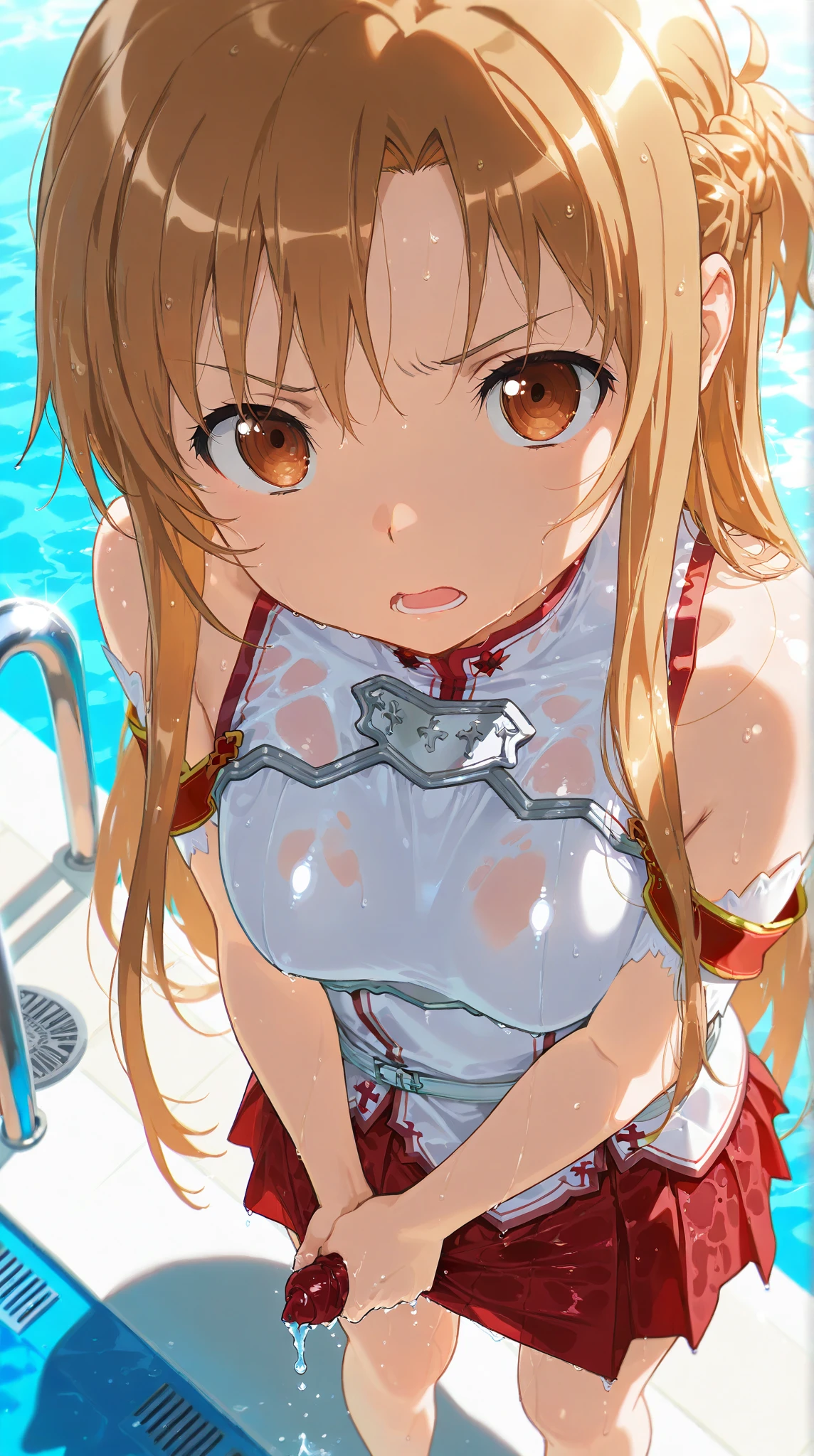 1girl,asuna yuuki,bikini ,brown eyes,brown hair ,closed mouth,collarbone,medium breasts ,long hair,looking at viewer,navel,red bikini ,smile,solo,red and white bikini,swimsuit ,very long hair, be background,