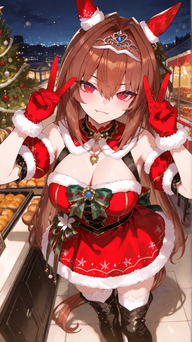 (masterpiece, best quality:1.2), solo, 1girl, obese raphtalia, smile, looking at viewer, cute pose, obese body, red christmas bikini, standing, pantyhose, raccoon tail, indoors,
