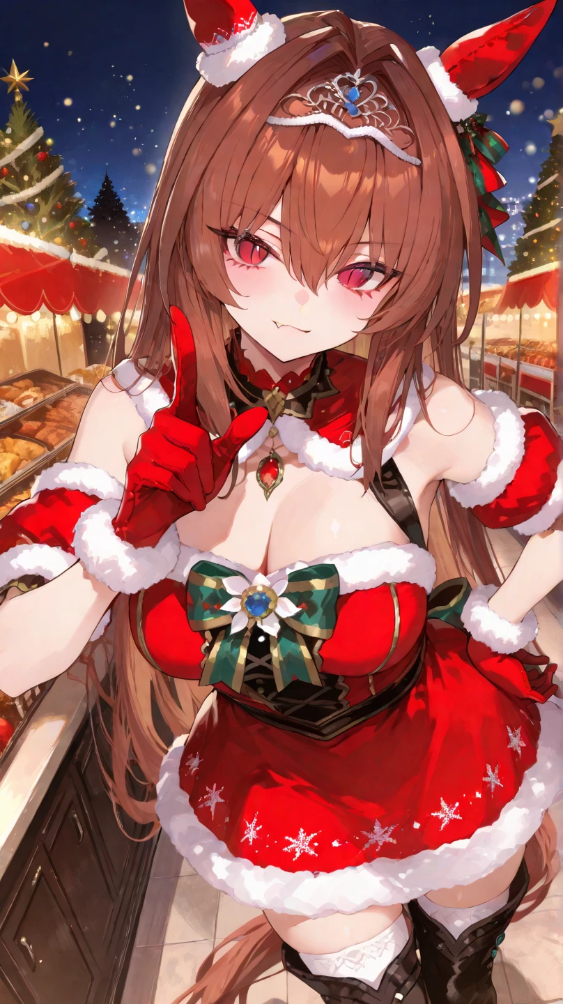 4K,​masterpiece, top-quality, Hi-Res, 1girl, Marl, 独奏, Daiwa scarlet\(umamusume\), Daiwa Scarlet，brown haired, Red gloves, tiarra, {{{Tiara on the head}}}, RED dress, Very long hair, black thighhighs, Tsukunoshi, sleeveless, red eyes, cleavage of the breast, Plaid dresses, bangss, Dresses trimmed with fur, large full breasts, sleeveless dresses, bare shoulders​, hair between eye, large full breasts, Single ear cover,Green ribbon at chest, frilld,  embarrassed from, natta, nighttime scene，Summit of Mt，{{{nigh sky}}}，starrysky，Smiled、brown haired, A slight smil,beautiful countenance, brown haired, Sharp fangs,bangss，embarassed face，A detailed eye，Beautiful eyes，Shyness，red blush，{{{Red hair}}},hair between eye, laying on back，pretty skin, Sideways body，Lift your chest with your arms