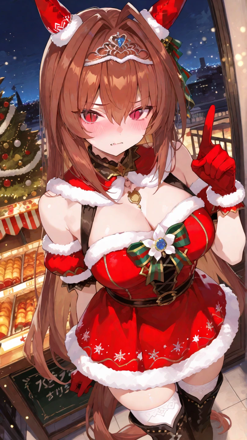4K,masterpiece, top-quality, Hi-Res, 1girl, Marl, 独奏, Daiwa scarlet\(umamusume\), Daiwa Scarlet,brown haired, Red gloves, tiarra, {{{Tiara on the head}}}, RED dress, Very long hair, black thighhighs, Tsukunoshi, sleeveless, red eyes, of the breast, dresses, bangss, Dresses trimmed with fur, large full breasts, sleevresses, bare shoulders, hair between eye, large full breasts, Single ear ceen ribbon at chest, frilld, embarrassed from, natta, nighttime scene,Summit of Mt,{{{nigh sky}}},starrysky,Smiled、brown haired, A slight smil,beautiful countenance, brown haired, Sharp fangs,bangss,Grown-up,embarassed face,A detailed eye,Beautiful eyes,Shyness,red blush,{{{Red hair}}},hair between eye, laying on back,pretty skin, Sideways body,Lift your chest with your hands,Dark lipstick