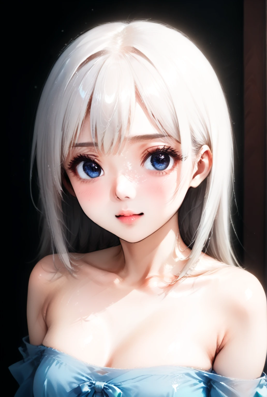 ((best quality)), ((masterpiece)), (detailed), perfect face. Asian girl. Smile. White hair. Small breast. Nipple. Pink panties.