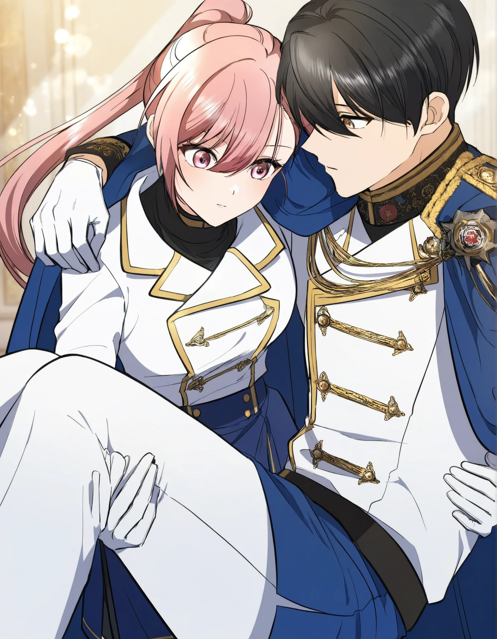 masterpiece,best quality,Regina rena, 1girl, solo , pink hair, ponytail,wearing a stylish military-inspired ,, white pants , blue skirt, Jacket , blue Cape ,white military-style jacket with gold accents, including decorative buttons and trim, Gloves , princess carry, 1boy, black hair,,,female carrying male,,,,, role reversal