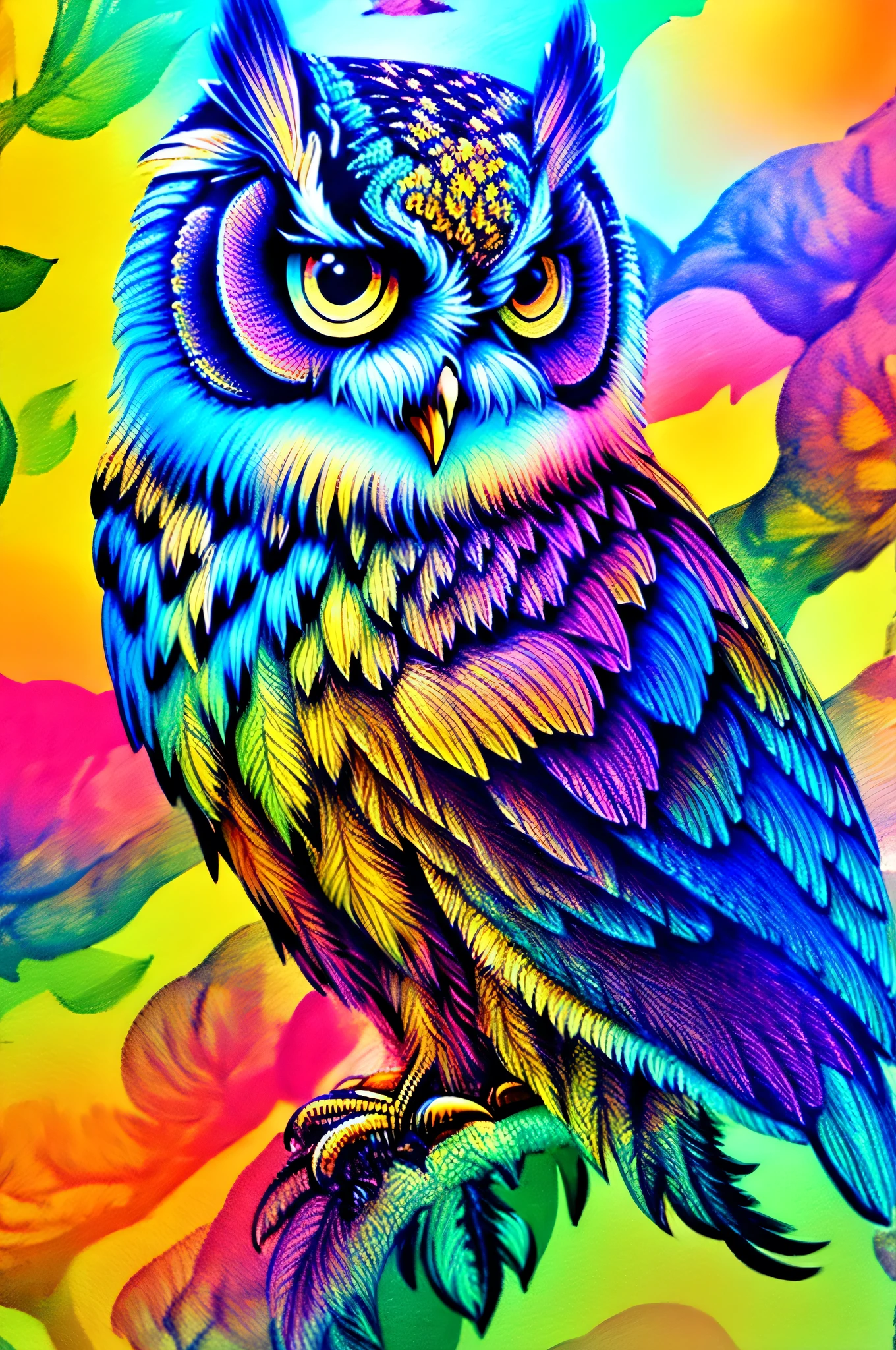 owl、Digital Art、Digital Painting、bright colors、cute、beautiful、 detailed painting、4K、watercolor、Flapping Their Wings、is flying、wings