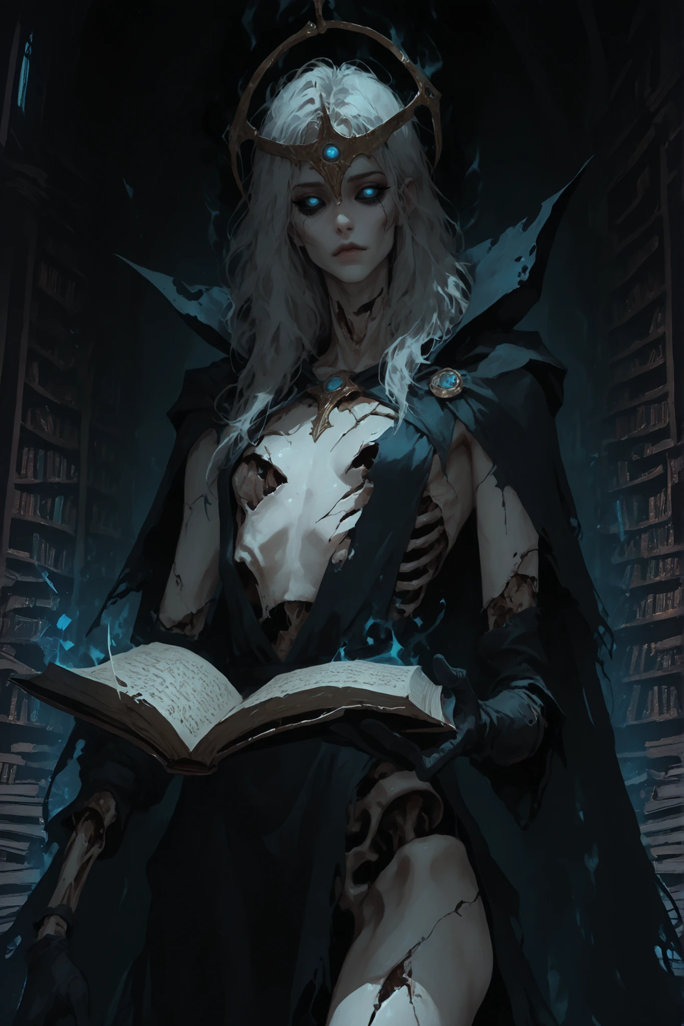 solo, female, faintly glowing eyes, blue eyes, cute, pretty face, black sclera, cute face, long messy white hair, white skin, small breasts, emaciated, tattered regal gown, black aura, lich, magic, cape over shoulders, partially skeletonized, torn flesh, decaying flesh, gold filigree, gloves, holding book, dungeon, dark, close up, ancient book, calm, decayed, undead, telekinesis, feminine, library, dark aura around head, short, girly