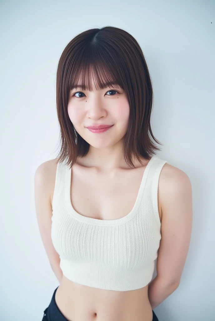 Picture taken from the front, with the left and right sides equally spaced, draw symmetrically, simple background, stand upright, upper body, (arms behind back:1.5), One girl, very short hair, (camisole, sports panties)