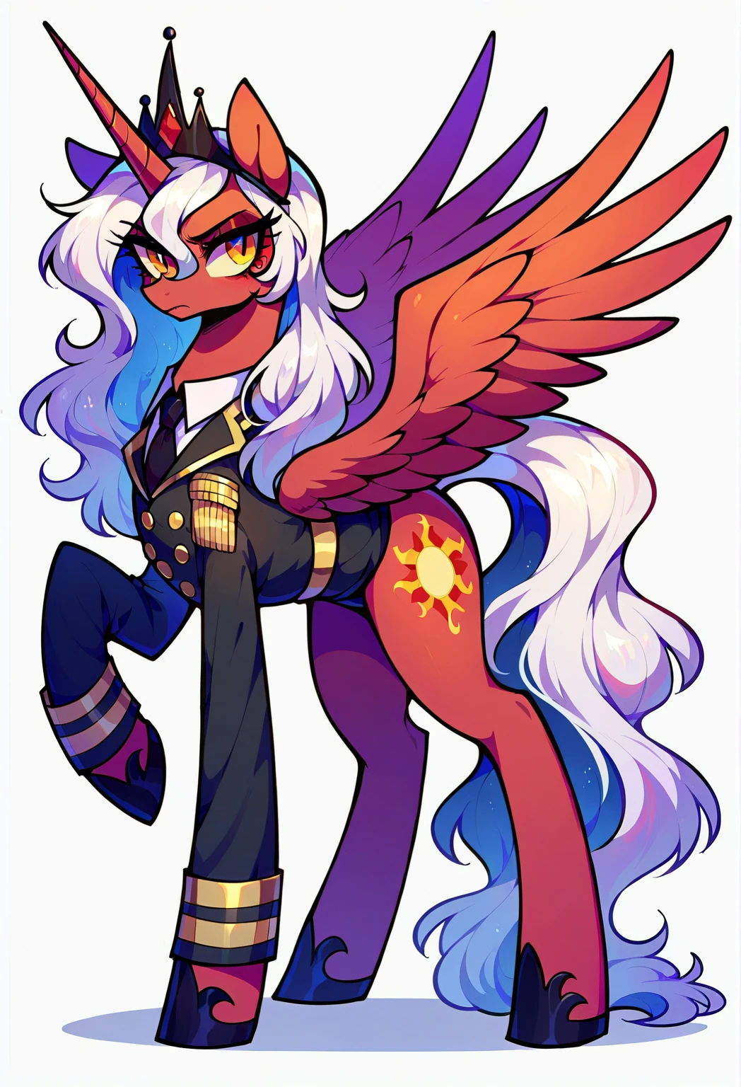 Male alicorn pony, sfw, black fur, dark blue eyes, red striped, long flowing red hair and tail, scar over left eye, red feathers on wings, thunderstorm butt mark, standing proud, white navy officers uniform
