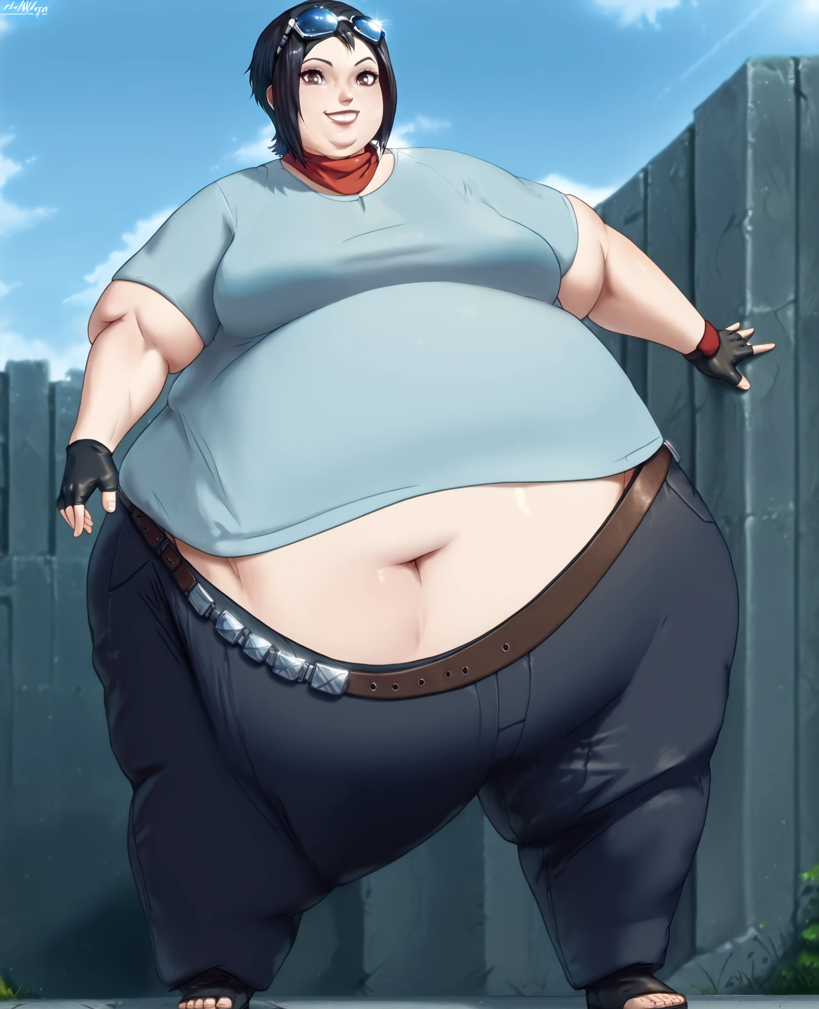 very fat, large belly, big fat belly, standing grabbing belly, fat belly, huge, fat thighs, big stomach, overweight, thicc, chubby, chubby belly, restaurant, shocked, fat, huge belly, obese, short hair, cookies, fat, Makoto Nijima